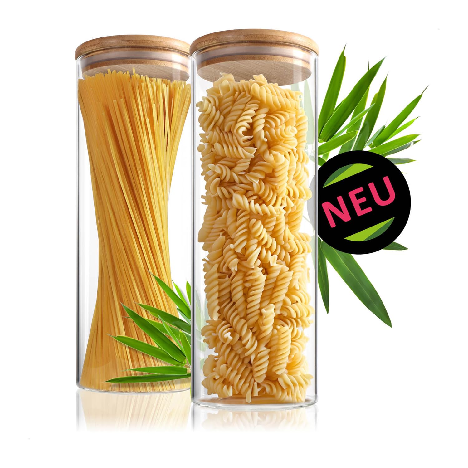 2x Barattoli con coperchio in bambù 1800ml - barattoli per alimenti in vetro borosilicato rinforzato - barattoli ermetici - barattolo rotondo riutilizzabile 1.8L (02 pezzi - 1800 ml)