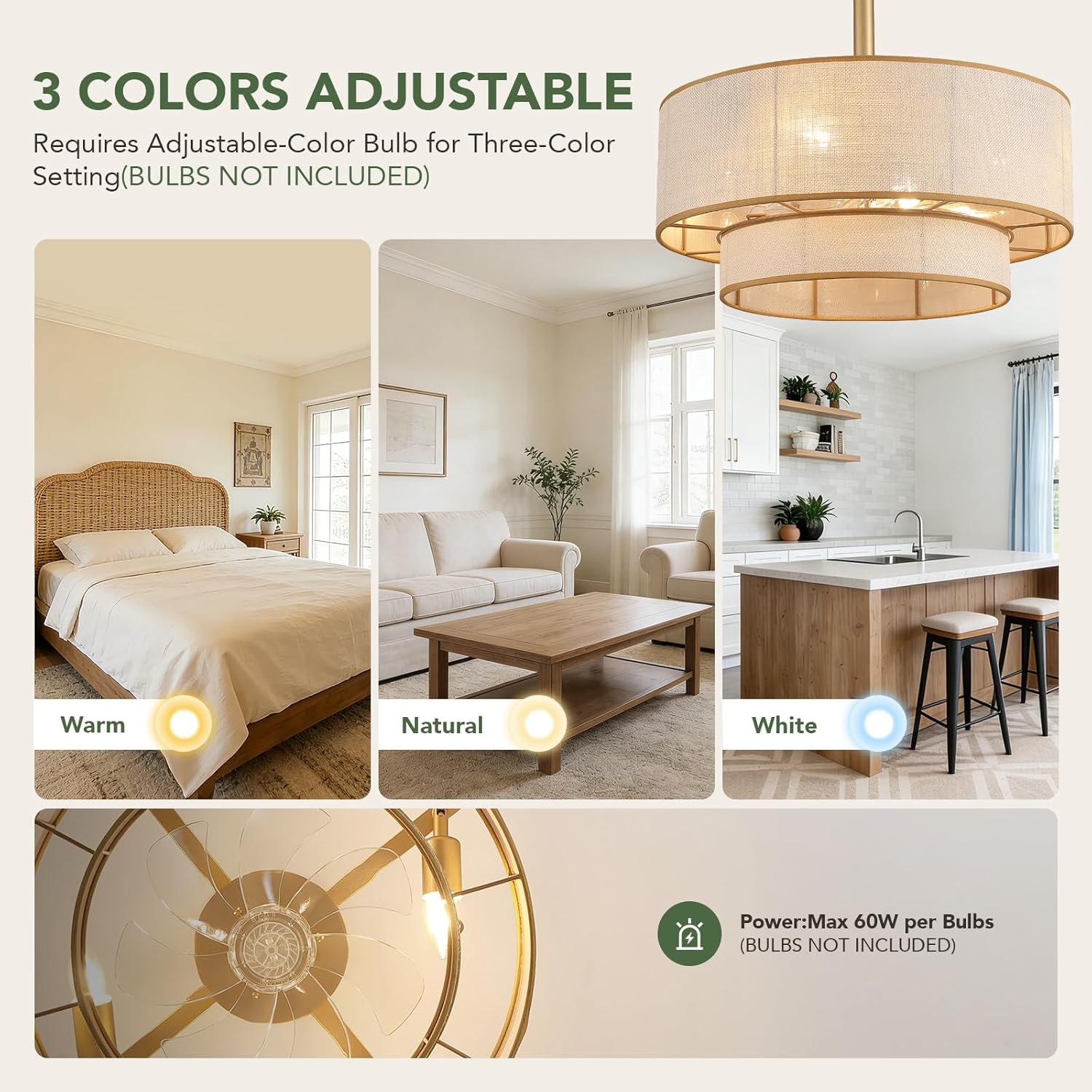 20" Boho Ceiling Fan Light and Remote, Fabric Chandelier Ceiling Fan Light, Caged Fandelier with Lights Flush Mount, 6 Wind Speeds Enclosed Ceiling Fan for Bedroom, Living Room, Dining Room