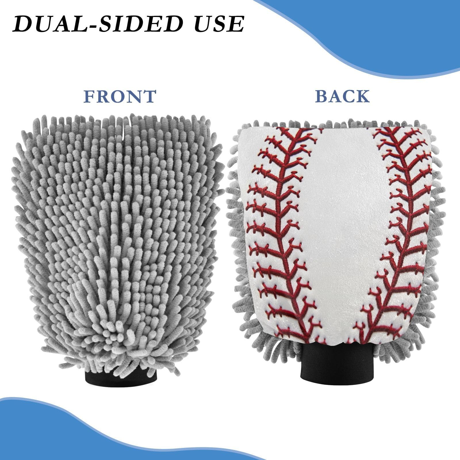 Flradish 2 Pack Baseball Stripes Car Wash Mitt Chenille Microfiber Lint-Free Scratch Free Ultra-Soft Absorbent Car Wash Mitt 10.2x7.09 Inch
