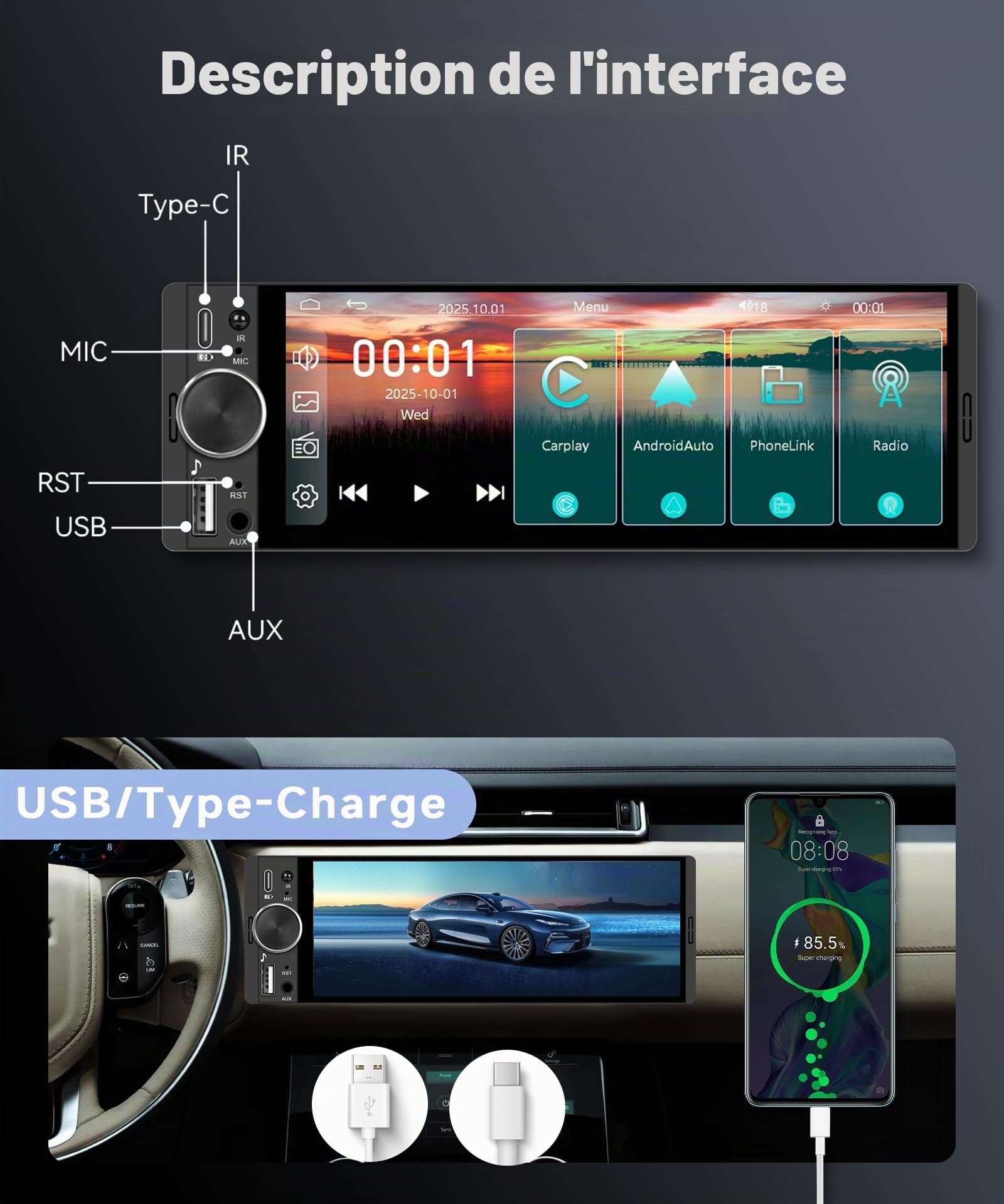 VECHTEL Autoradio 1 Din avec Carplay Android Auto sans Fil, 6.28 Pouces Incell HD Écran Tactile Poste Radio Voiture Soutien Bluetooth 5.2 Radio FM EQ USB/Type-C/AUX Mirror Link SWC Caméra de Recul