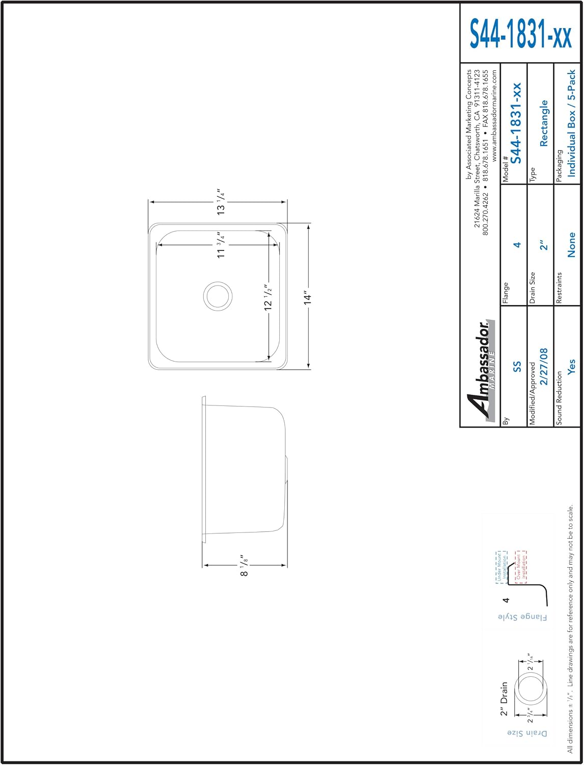 Ambassador Marine Rectangle Stainless Steel Brushed Finish Sink