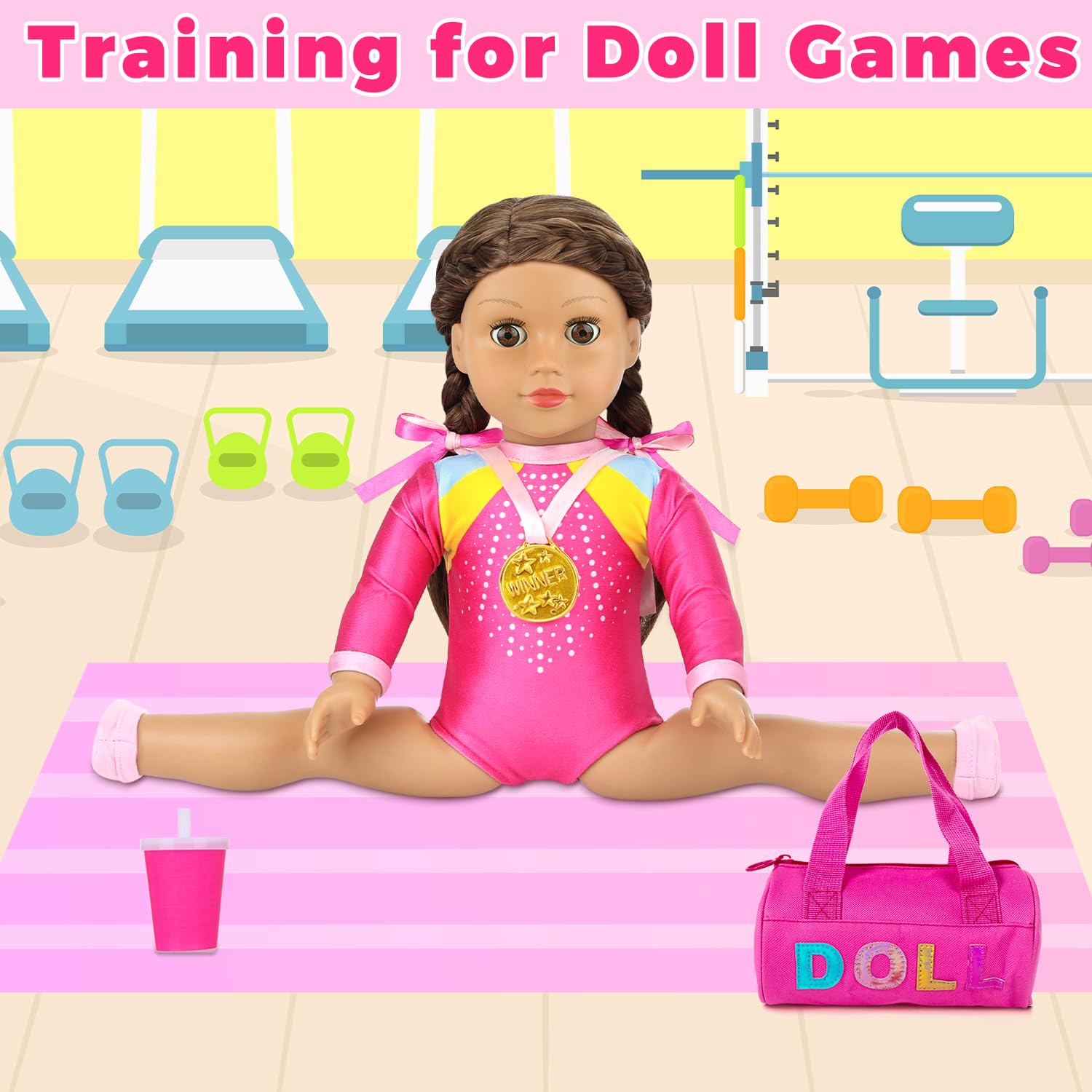 K.T. Fancy 18 Inch Doll Gymnastics Clothes Set - Pink Leotard, Shoes, Gym Bag, Olympic Medal, Water Bottle & Hair Accessories for Play, Doll Not Included