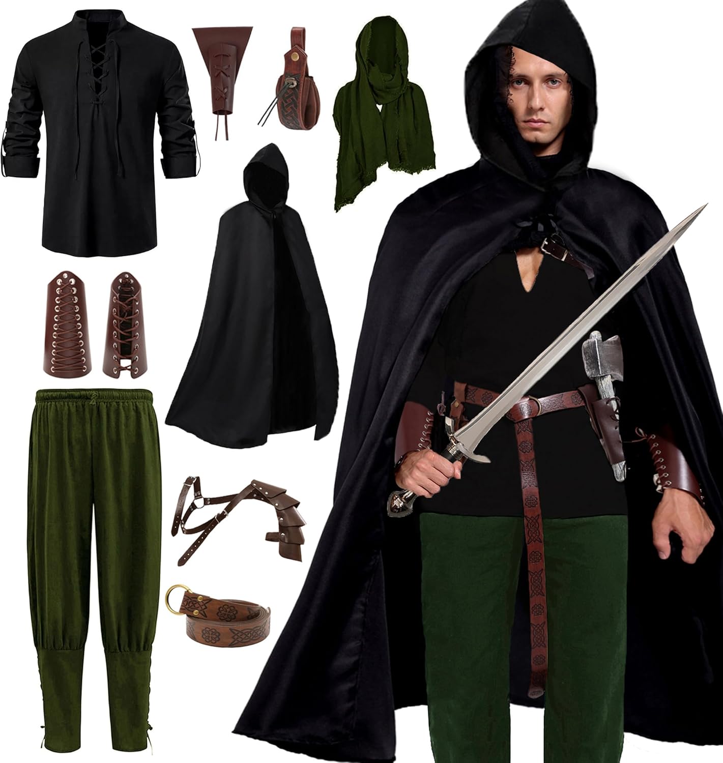 Akokvlar 10 Pcs Men Renaissance Costume Medieval Pirate Shirt Ankle Banded Pants Viking Outfit Set