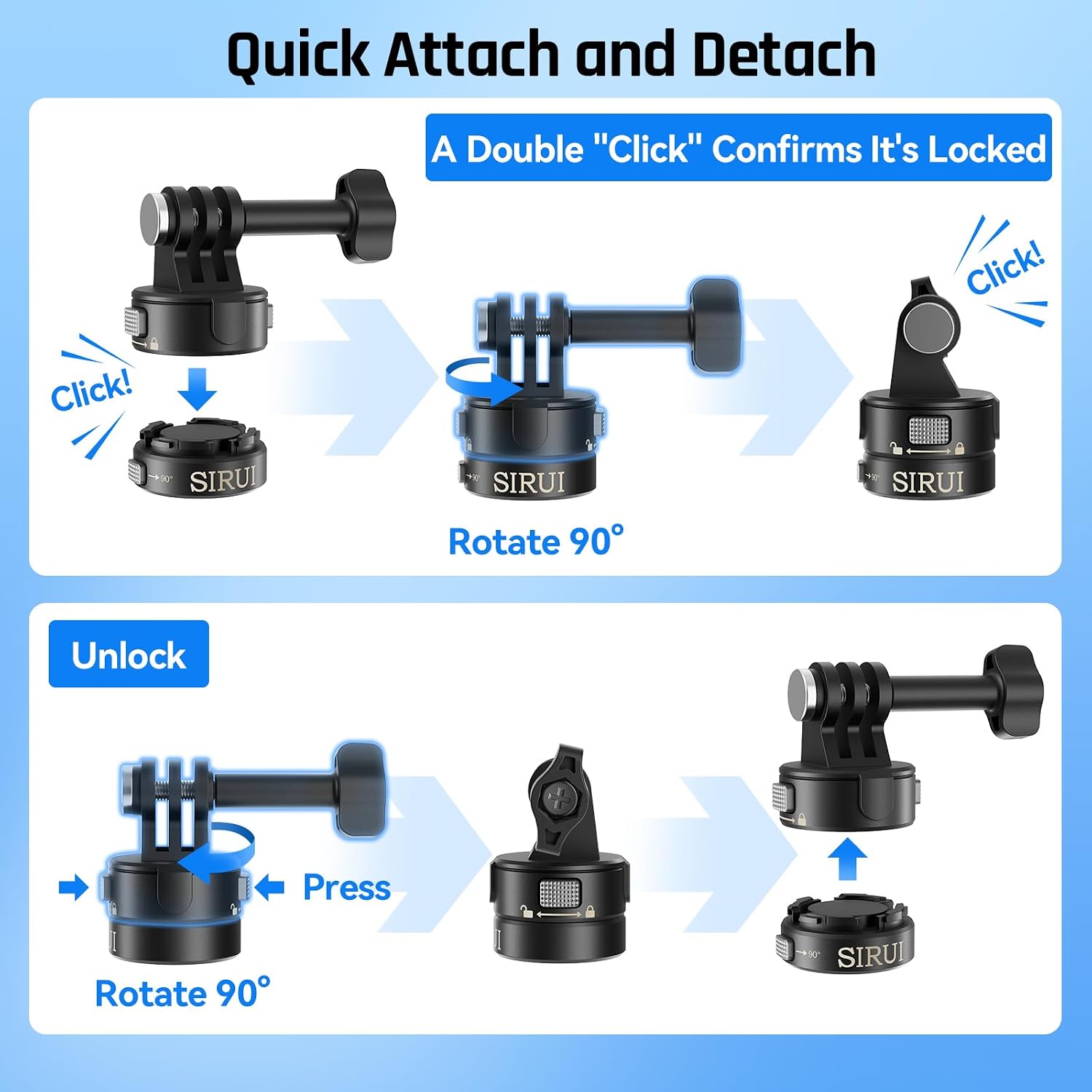 SIRUI Magnetic Quick Release Tripod Mount for Action Camera, 90° Rotatable Mount with Fixed Finger, 1/4" Threaded Mount, Helmet Head Mount Base, AM-AC01