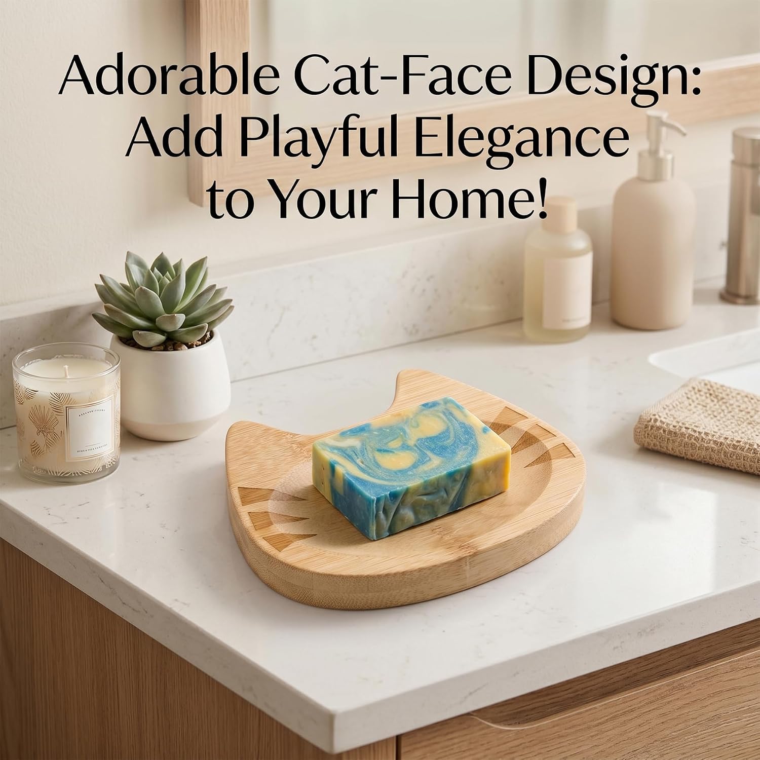 Bamboo Soap Dish Self Draining for Shower - Cute Cat Bamboo Soap Tray Holder Saver with Drainage, Natural Waterproof Decorative Tray for Bathroom, Kitchen, Sponges, Bath Tub, Shower, Sink - 1 Pack