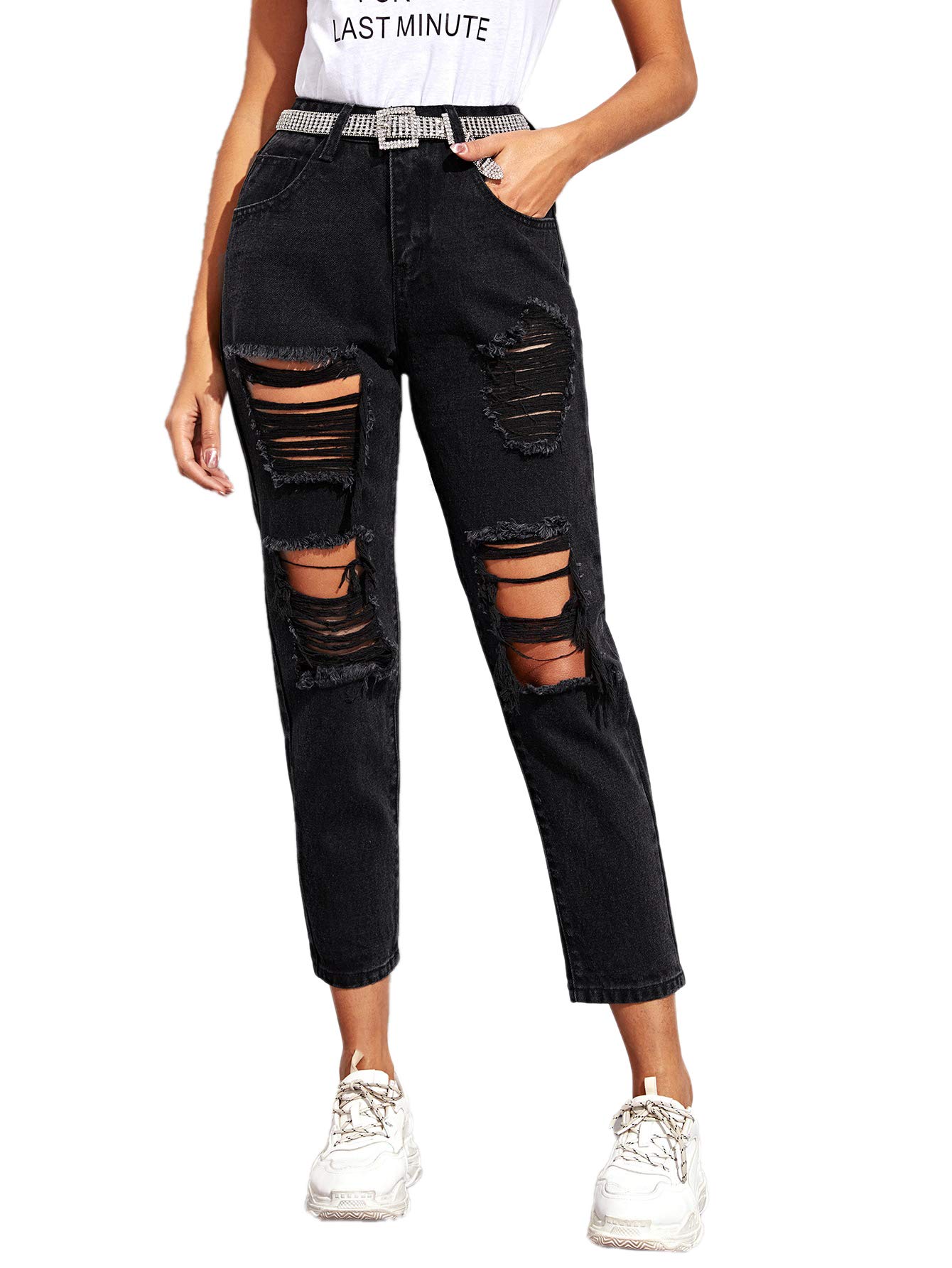 Women's Ripped Boyfriend Jeans Distressed Denim Ankle Length Jeans