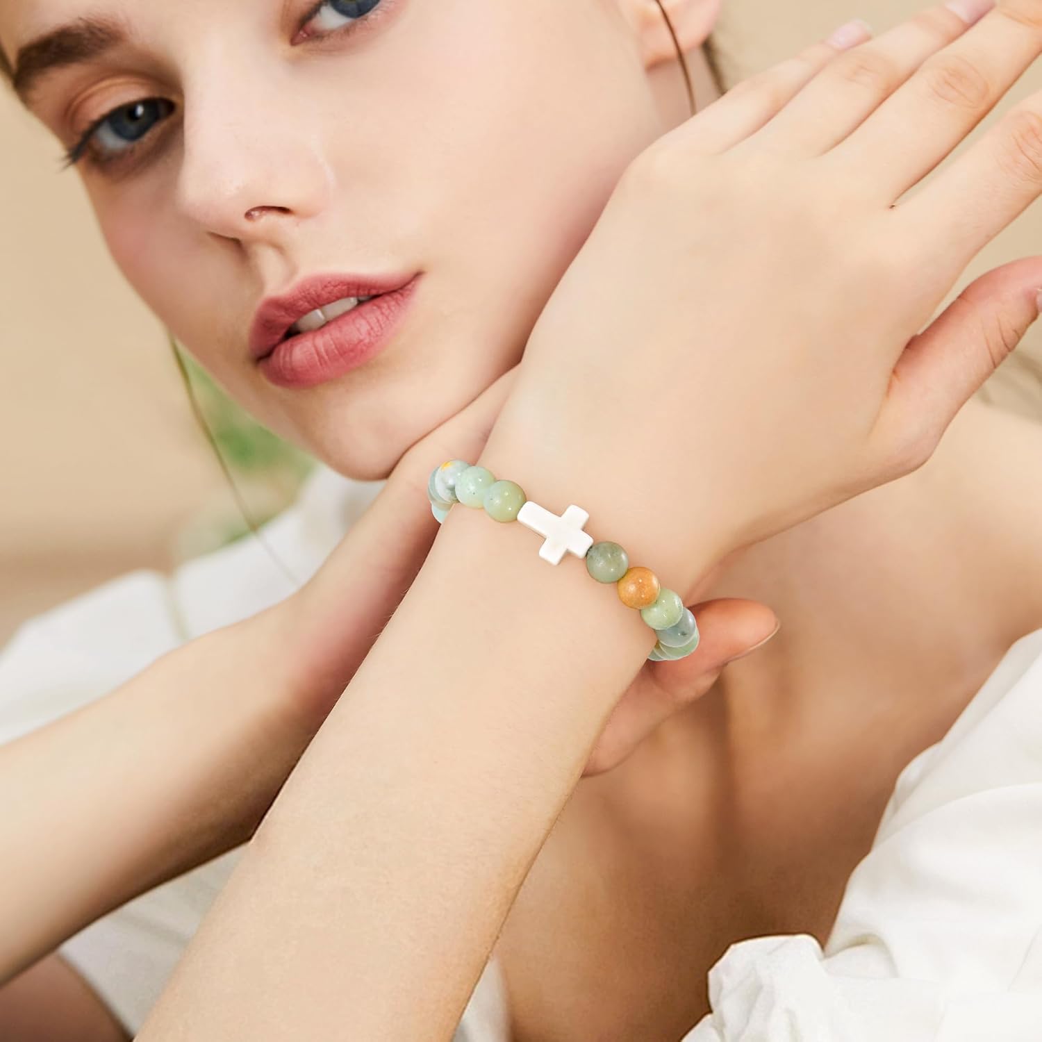 VIBILIA Cross Beaded Bracelets for Women, Inspirational Natural Gemstone Heart Bracelets for Women, Birthday Gifts for Women Mom Daughter Wife Sister Friend on Valentine's Day Easter Mother's Day - Image 2