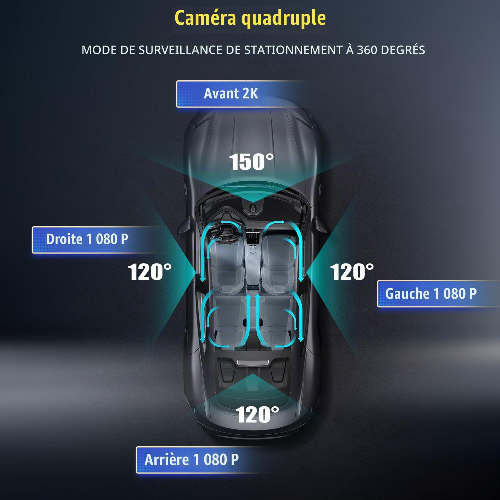2K Dashcam Avant et Arrière avec APP WiFi, Dashcam Voiture avec Grand Angle 150°, Vision Nocturne, Surveillance du Stationnement, G-Sensor, Enregistrement en Boucle, APP, Aide au recul