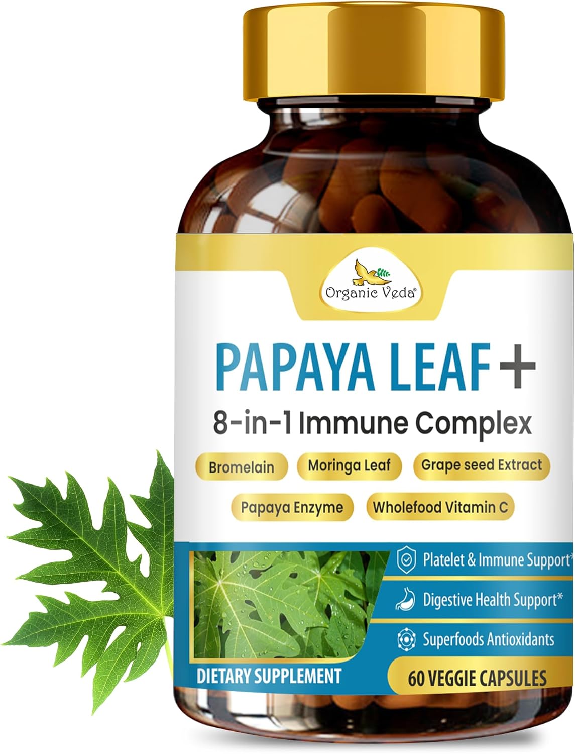 Organic Veda Papaya Leaf + Supplement - 8 in 1 Immune & Platelet Complex with Papain, Papaya Leaf Extract 800 mg, Bromelain, Vitamin C, Grape Seed & Moringa for Bone Marrow & Gut Health - 60 Capsules