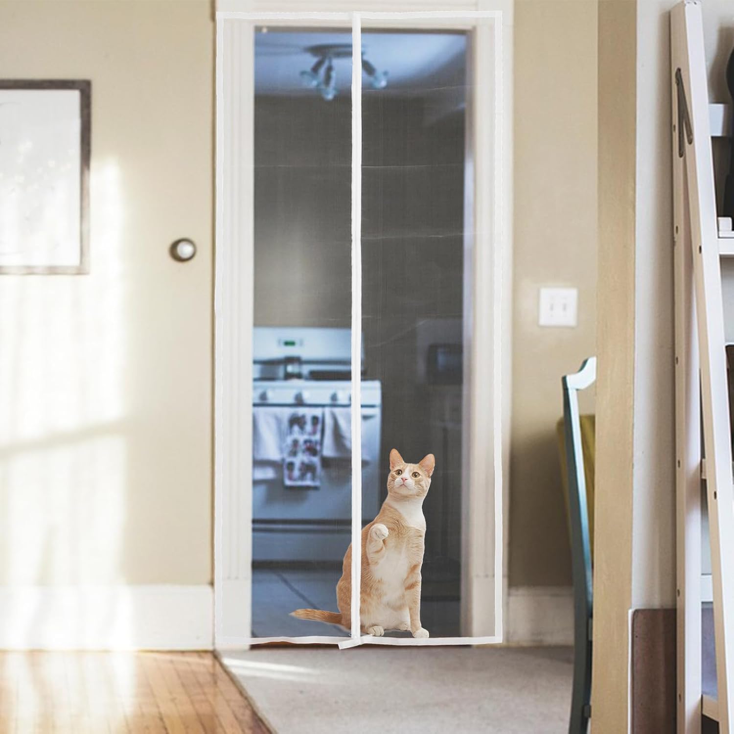Luxshiny Pet Screen Door Zipper Mesh with White Fiber and Adhesive, Heavy-Duty Cat and Small Animal Screen Door 90x210cm, Indoor Pet Barrier for Cat and Dog Safety