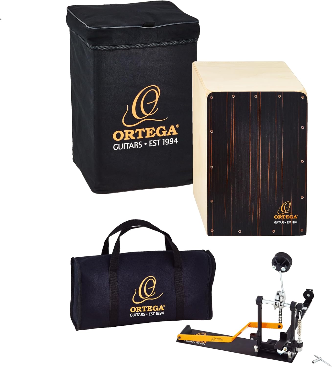 Ortega Guitars Percussion Series Bundle - Cajon und Pedal für den rechten Fuß - Stomp Box Set - Inklusive Gigbag und Drum Key (OSTBCJ-BU)