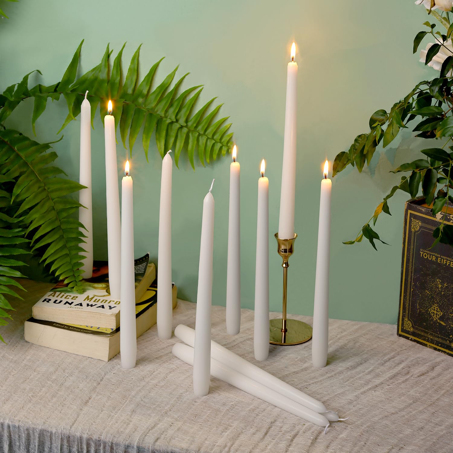 Unieasy 12 Pack White Taper Candles - Tapered Candles 10 Inch, 8 Hours Long Burning Smokeless & Unscented for Weddings, Party, Dinner Parties and Home Decor