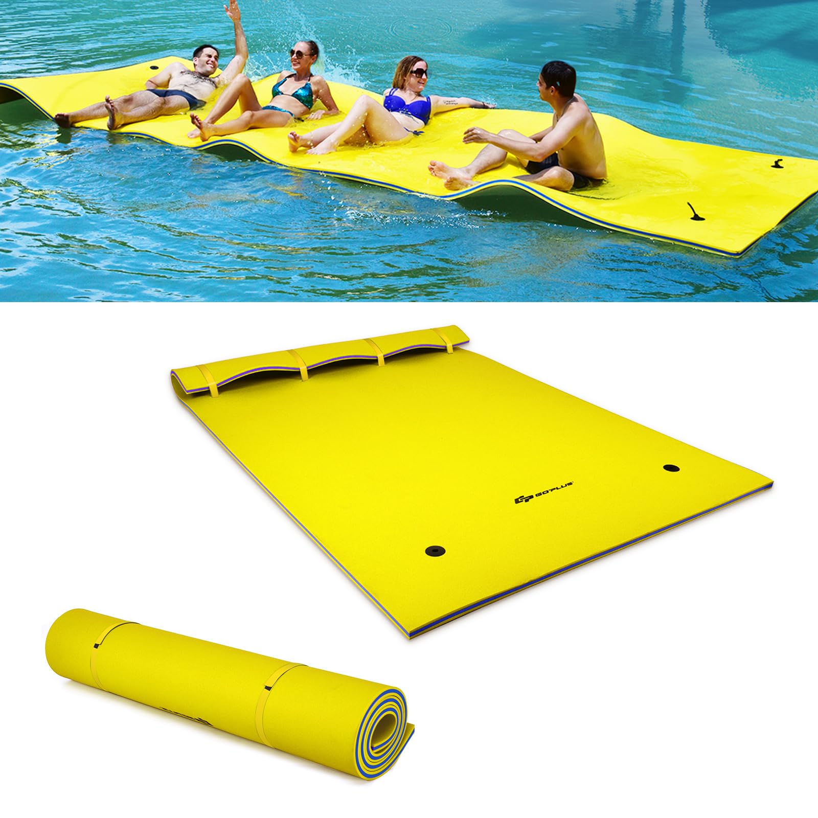 GOPLUS 270 x 180 cm Alfombra Flotante de Espuma XPE (Amarillo,270x180 cm) | Flotadores Grandes Playa para 3-5 Personas y 3 Capas, Carga 300 kg, Colchoneta Piscina para Adultos y Niño