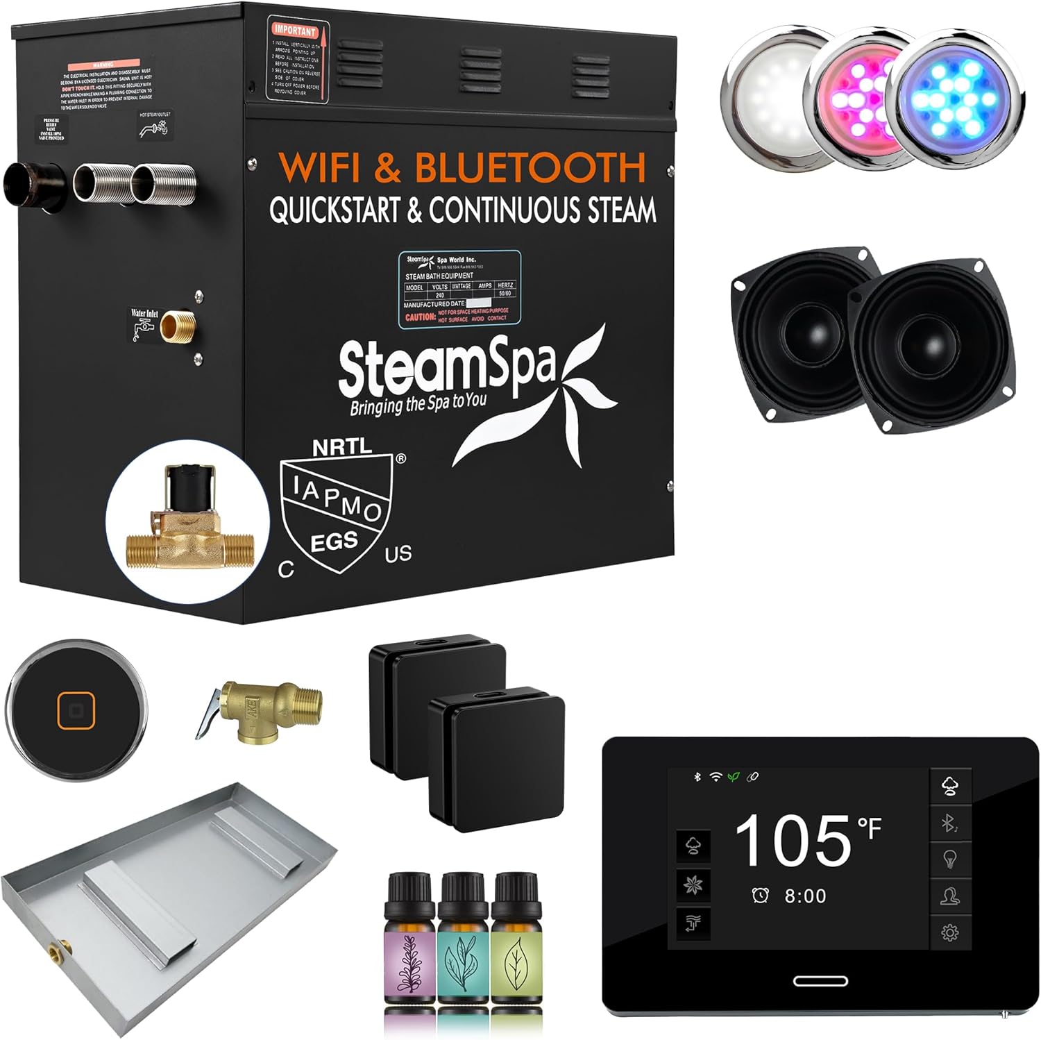 SteamSpa Steam System 12kW Steam Shower Generator with Bluetooth Wifi, Quickstart Continous Steam, Advanced Touch Pad Screen, Chroma Lights, Drain Pan and Auto Drain Black RVBS1200BK-A