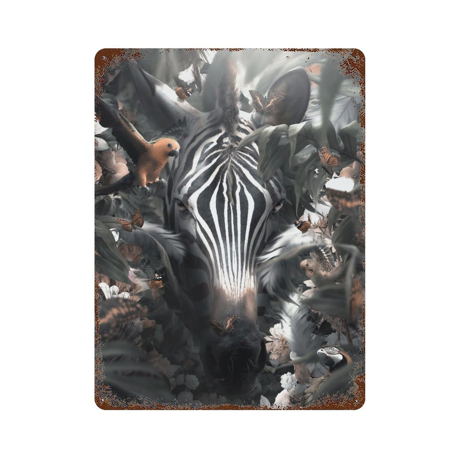 Floral Zebra 15.7"x11.8" Rust Effect Tin Sign, Vintage Wall Decor for Farmhouse, Kitchen And Entryway Decor
