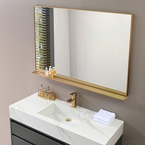 PetusHouse - Espejos rectangulares dorados enmarcados de 48 x 32 pulgadas con estante extraíble, espejo de pared moderno para baño, dormitorio, sala