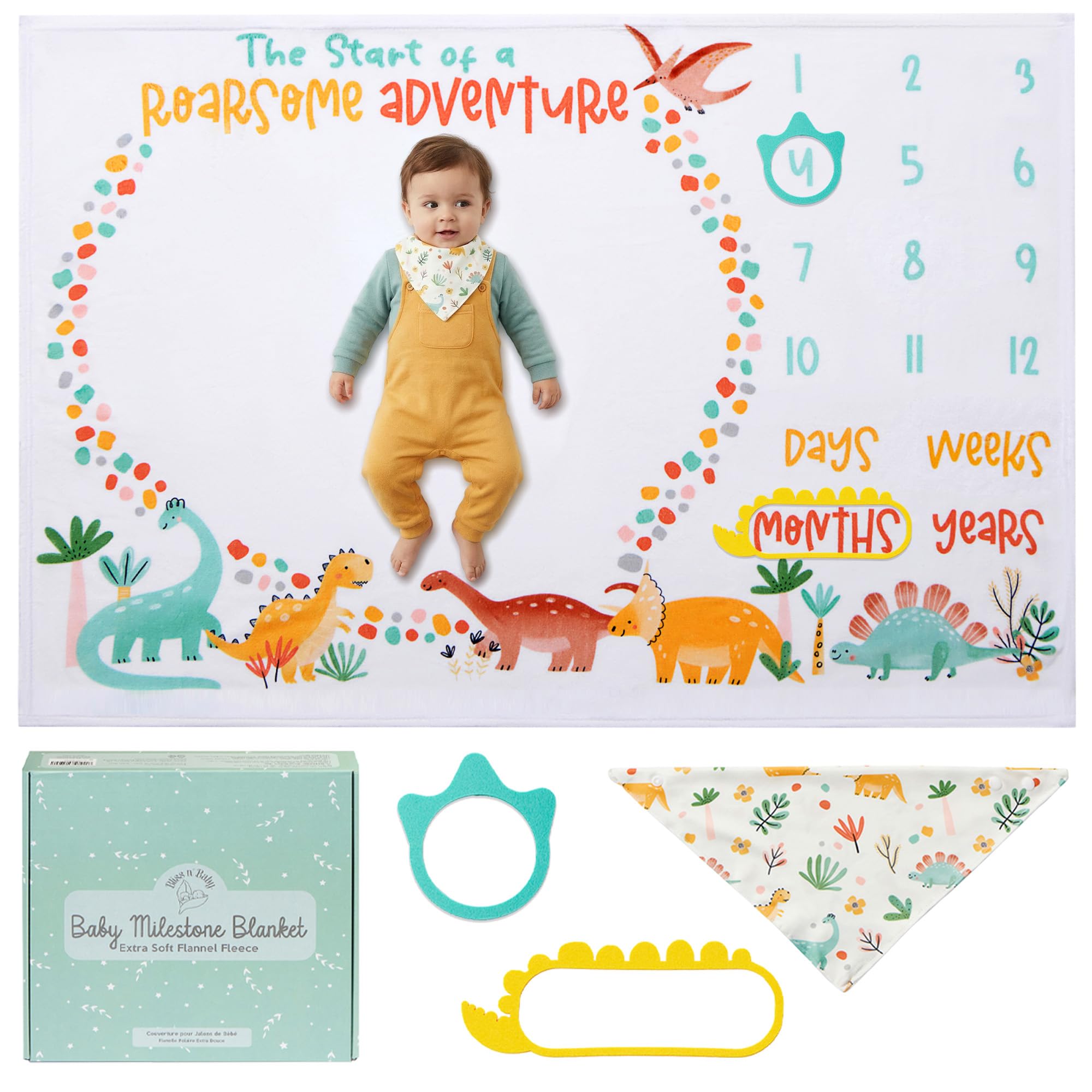 Bliss n' Baby Monthly Milestone Blanket for Baby Boys &amp; Girls - 60"x40" - Wrinkle Free Newborn Age Month Blanket with Growth Chart - Washable &amp; Dryable - w/Frames &amp; Bib - Dinosaur Theme Baby Gift Set