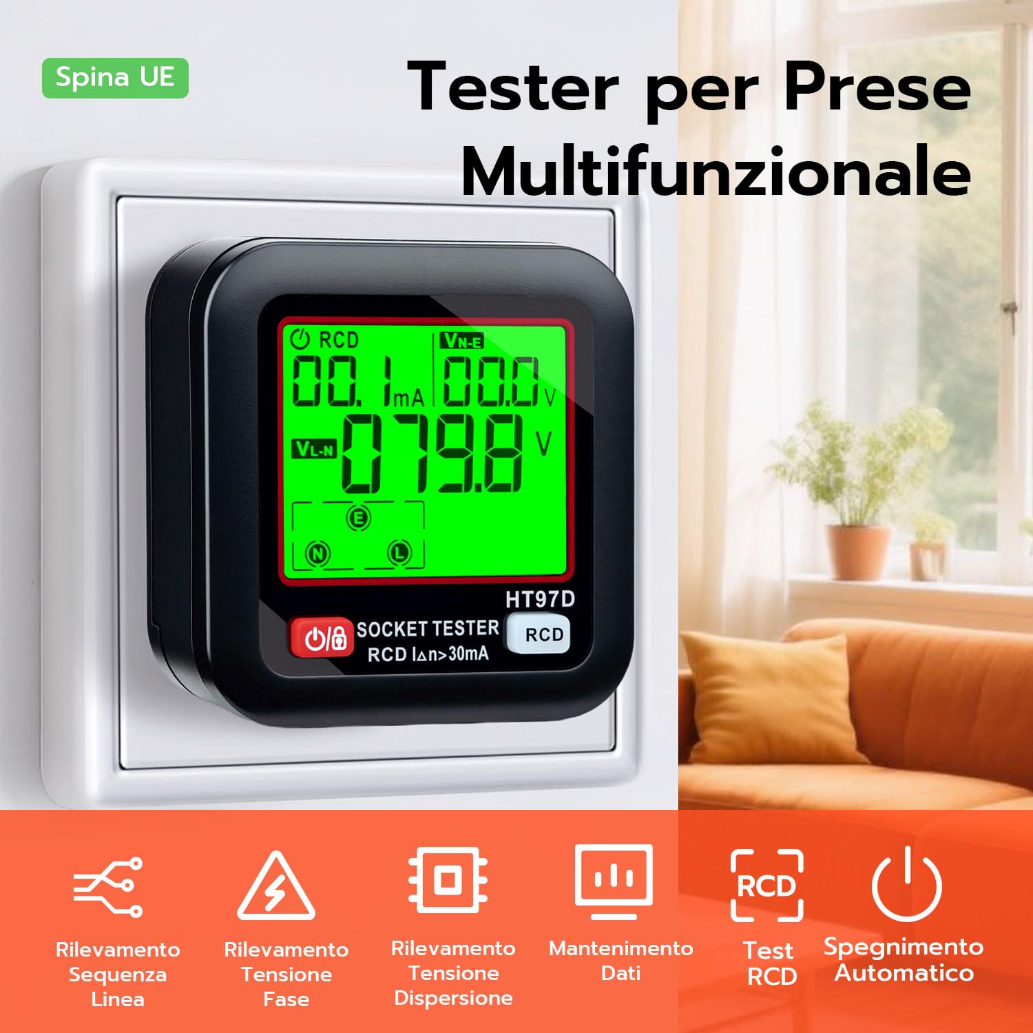 Wigearss Tester de Prese, Tester per Circuiti Elettrici con Test RCD e Display LCD, 6 Tipi di Diagnosi di Errore, Indicatore di Tensione di Dispersione e Corrente, Test FI, 30-260V/45-65Hz