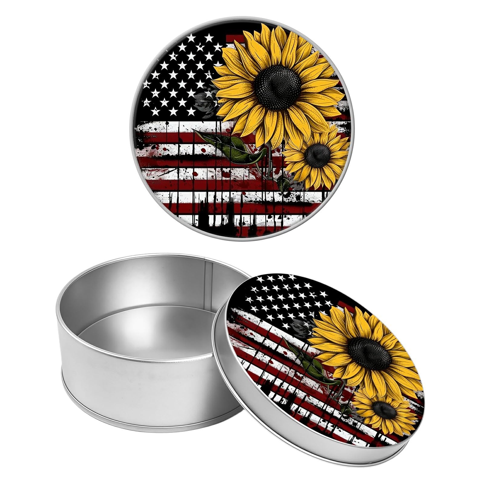 Round Metal Tin Container with Removable Lid, Sunflowers Flag Durable Metal Storage Box for Crafts Snacks Candies Office Supplies Small Items 3.54 x 1.38 inch– Single Pack