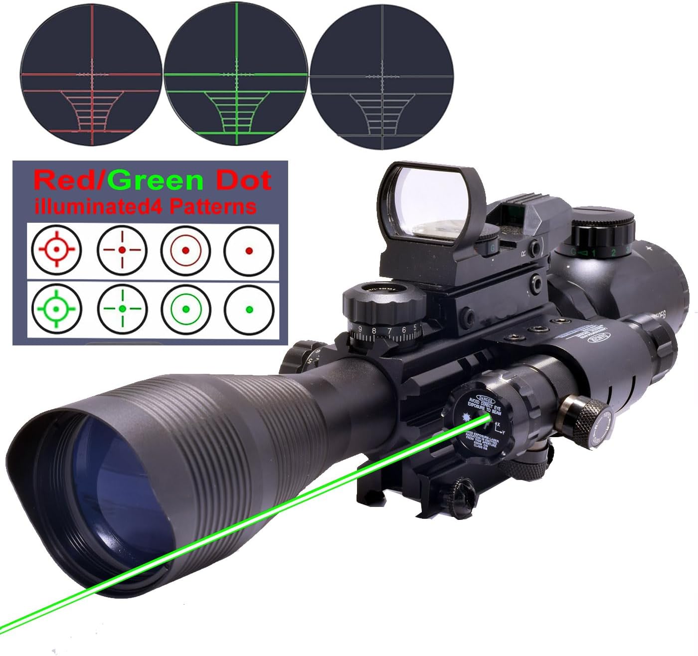 Rifle Optics Red Dot Laser 4-12x50 Illuminated Scope Combo with 4 Reticle Red Green Reflex Sight, Green Dot Laser Sight