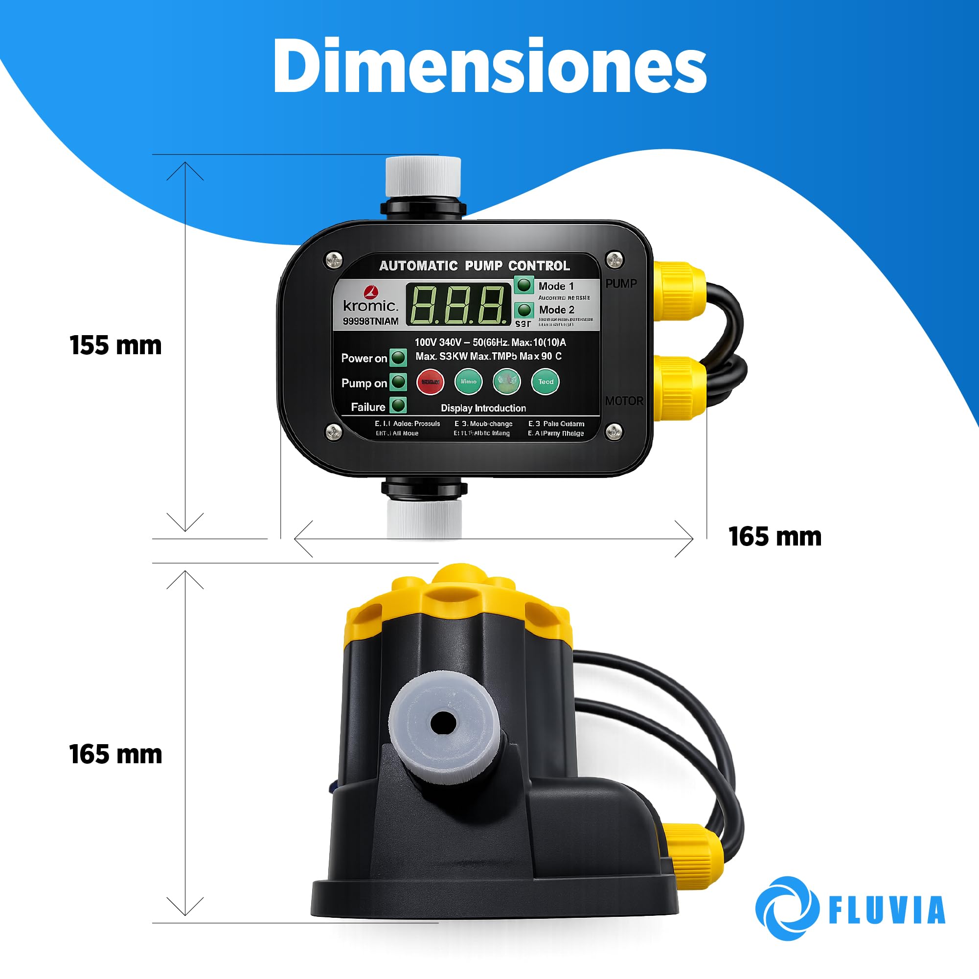 Regulador de Presión Automático Vertical Adjustable 0.5–6.7 bar Presión de Salida Adjustable con Control Digital Presscontrol – Protección Bomba Agua IP65 – Uso Doméstico Agrícola y Civil – FLUVIA