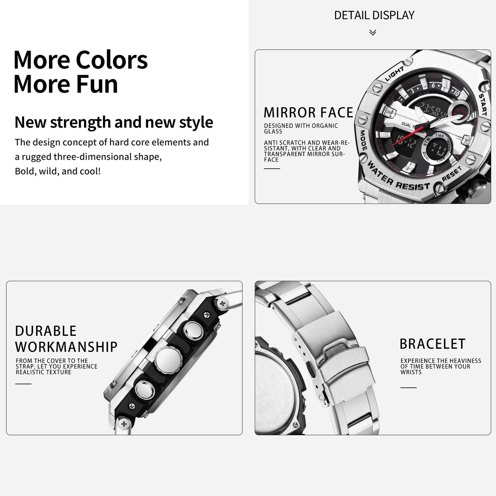 Herrenuhr Silber Edelstahl Digital Uhr Chronograph Herren Armbanduhr Seniorenuhr 5 ATM Wasserdicht Großes Ziffernblatt Militär Leuchtende Klassisch Elegant Elektronisch Analog Quarz Watches for Men