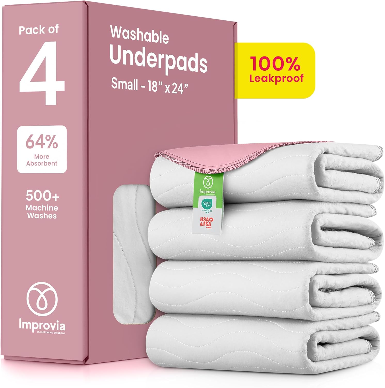 IMPROVIA® Washable Underpads, Heavy Absorbency Reusable Incontinence Pads for Kids, Adults, Elderly, and Pets - Waterproof Protection Floor (White & Pink, 4 Pack - 18"x24") White & Pink 4 Pack - 18"x24"