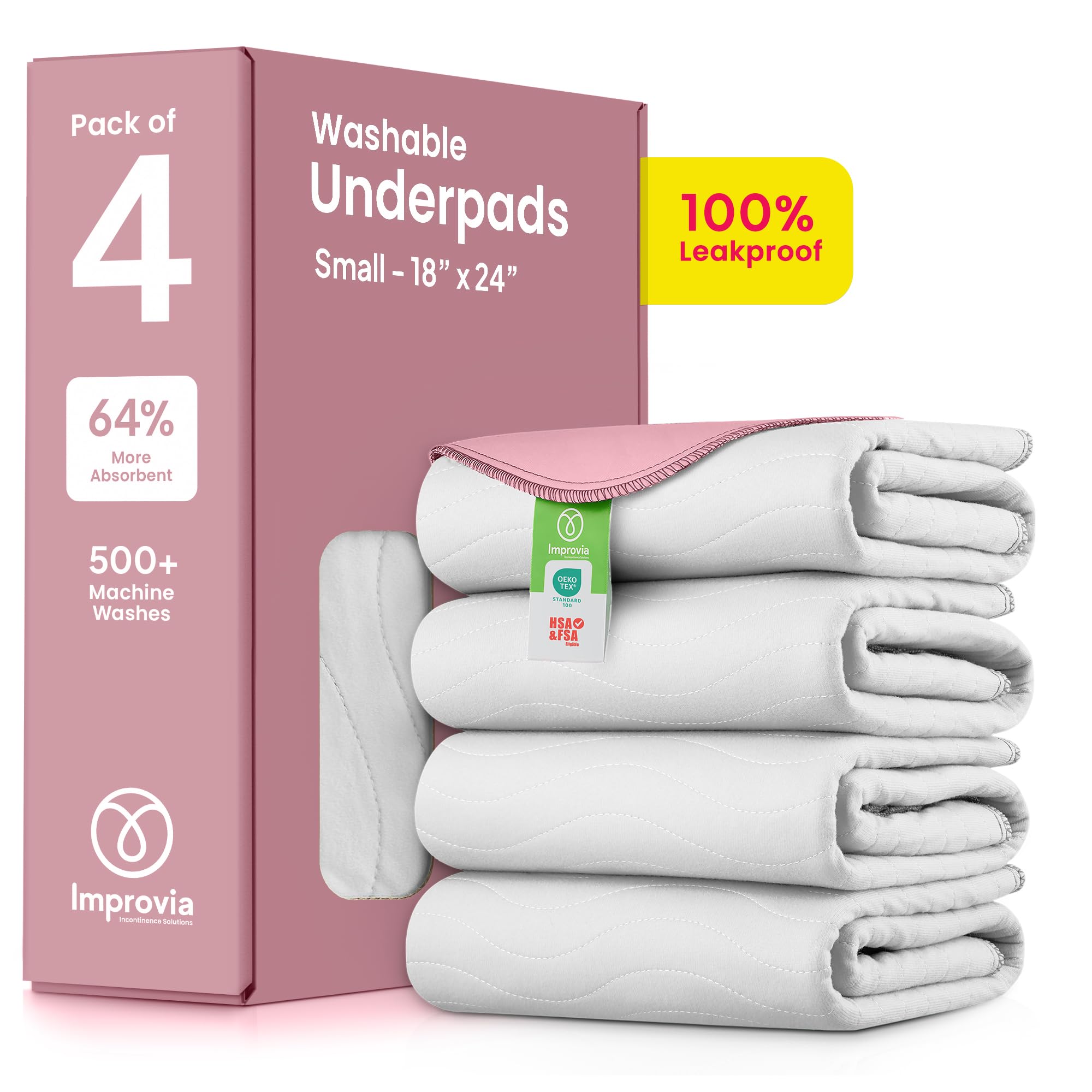 IMPROVIA® Washable Underpads, Heavy Absorbency Reusable Incontinence Pads for Kids, Adults, Elderly, and Pets - Waterproof Protection Floor White & Pink (4 Pack - 18x24)