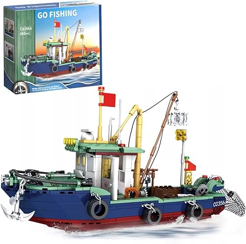 Juego de bloques de construcción de barcos de pesca, kit de modelo de tema marino de ciudad para amantes de la exploración del océano y la pesca en