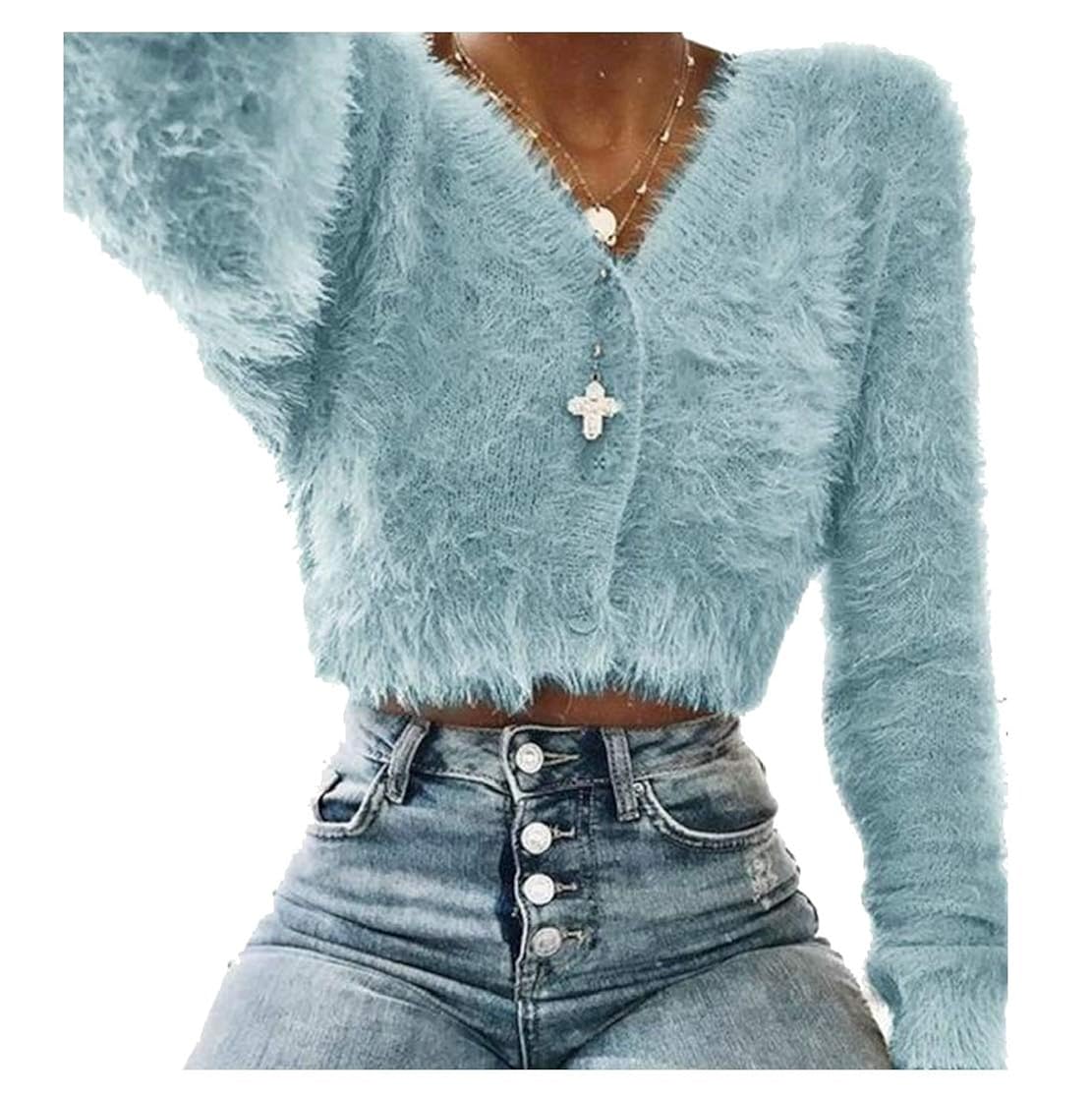 Womens Winter Faux Fur Solid Long Sleeve Crop Blouse Tops Outwear Blue 2XL  : Amazon.in: Clothing u0026 Accessories