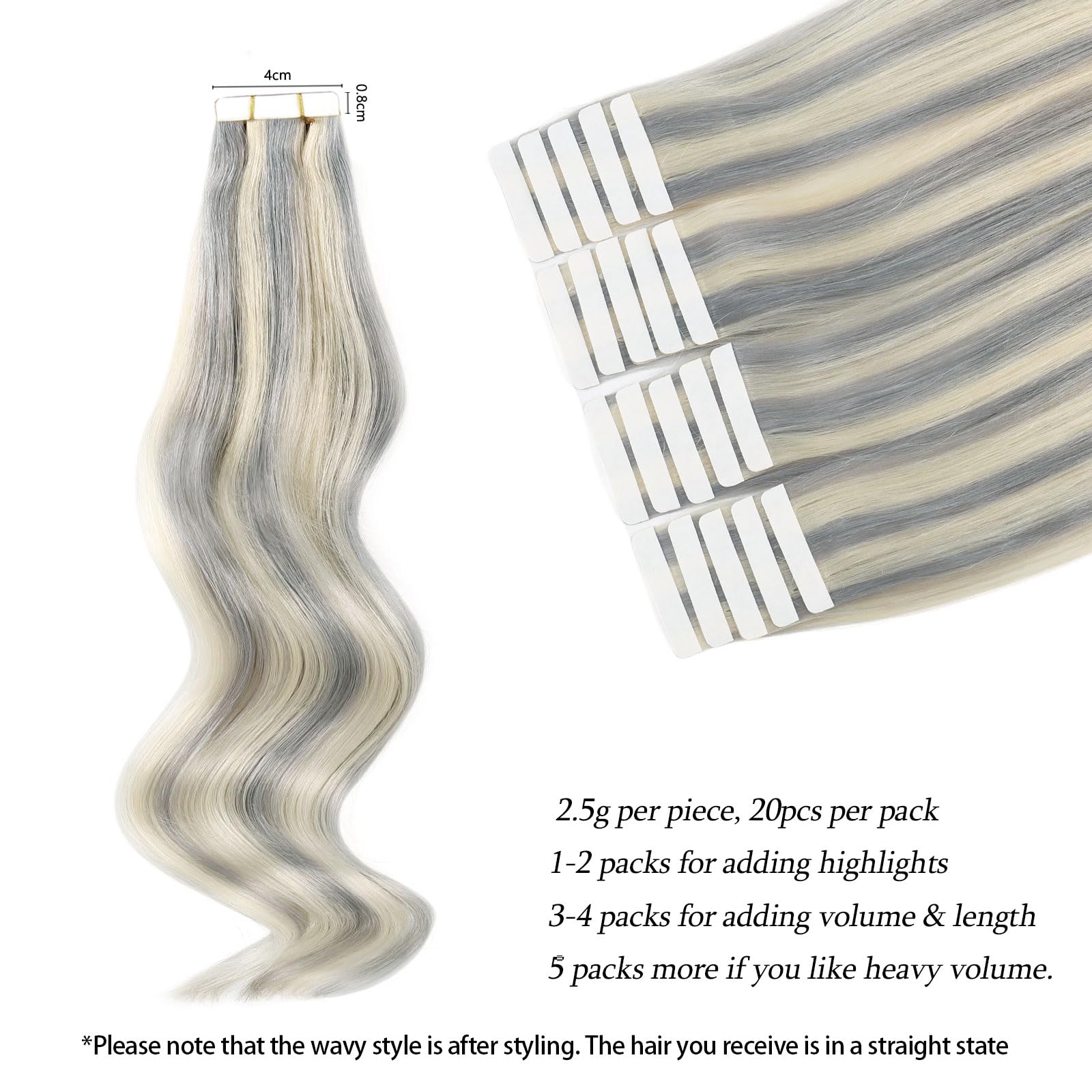 ABH AMAZINGBEAUTY HAIR Tape in Hair Extensions Real Human Hair Silver Gray Highlighted Platinum Blonde Tape Hair Extensions Color P#Silver-60 Straight Seamless Skin Weft 16 Inch 50g/pack 20pcs - Image 4