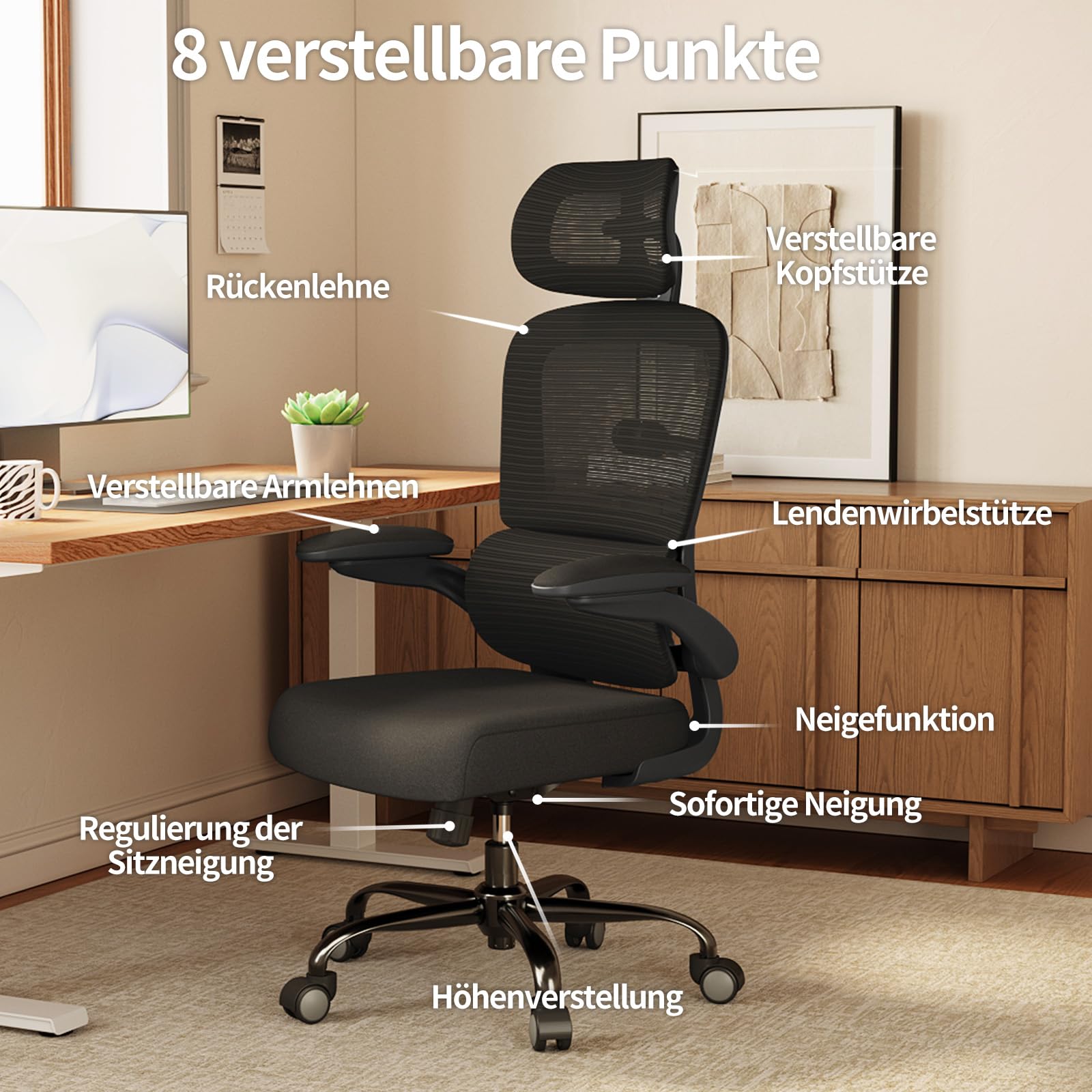 TRALT Sedia da ufficio ergonomica – Sedia da ufficio con supporto lombare regolabile, poggiatesta da gaming, sedia da ufficio, sedia da scrivania,casa,ufficio,ergonomica nero