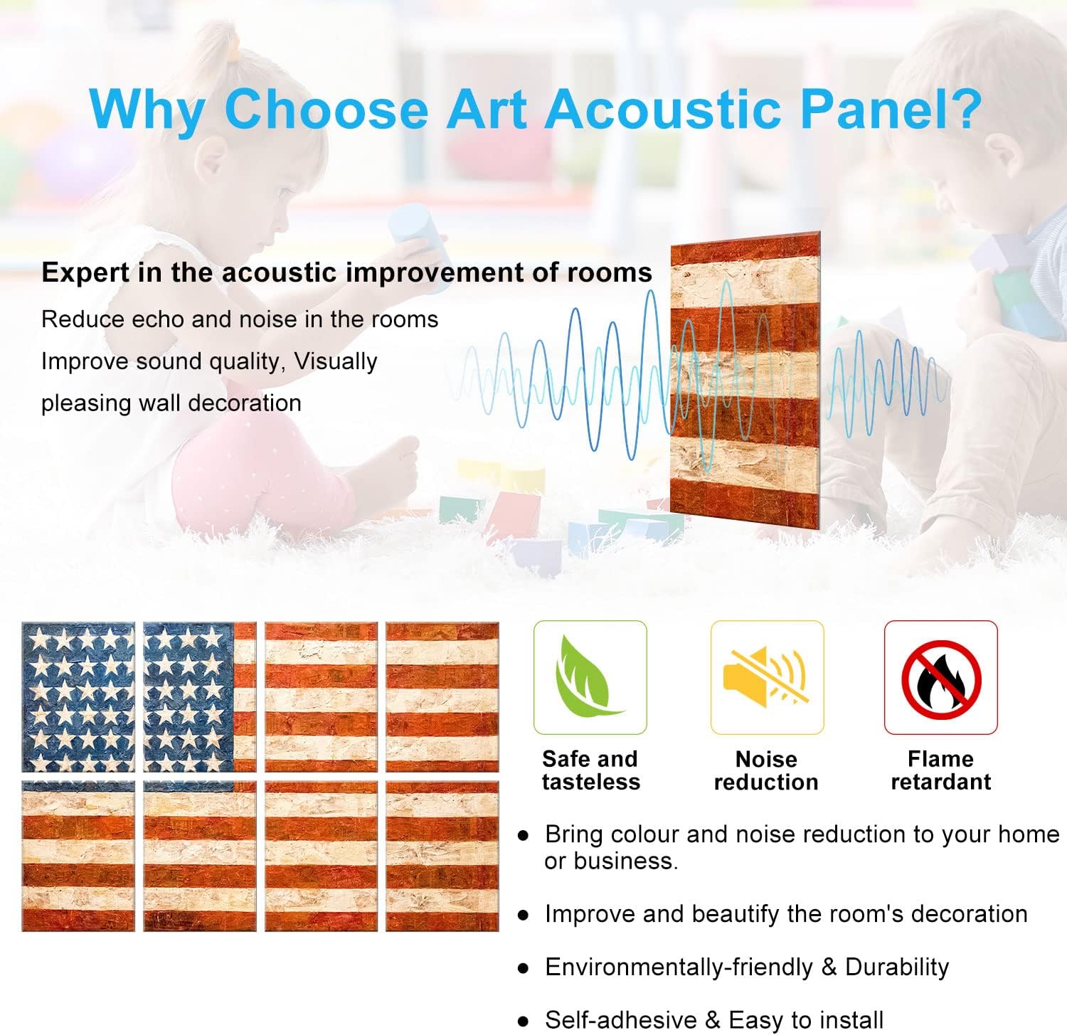 JBER Art Acoustic Panels, 48×32 Inches Acoustical Wall Panels, Sound Absorbing Wall Art, Decorative Acoustic Panels, Soundproof Wall Panels for Recording Studio, Home & Living Room(Flag)