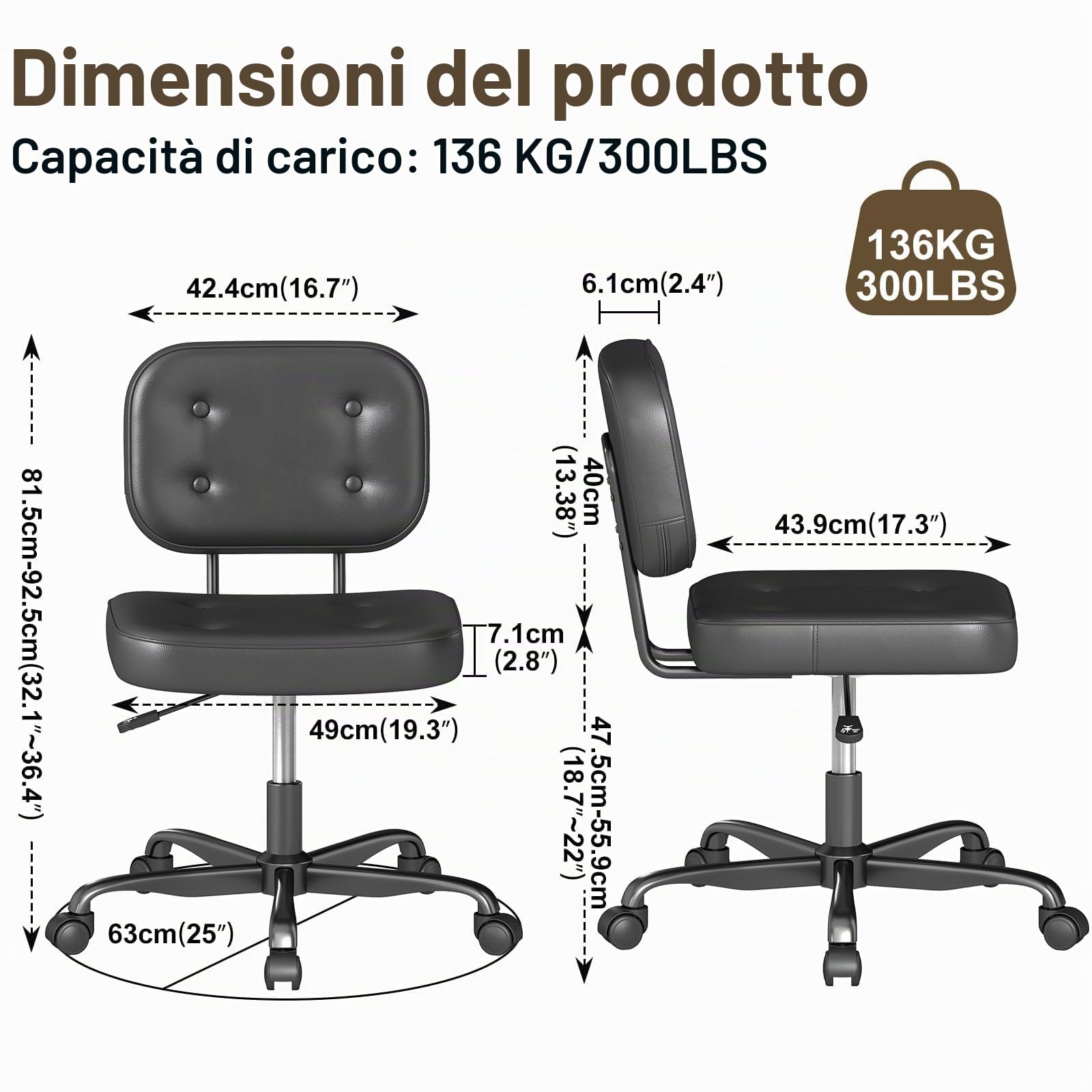 AnyGod Sedia Da Scrivania Senza Braccioli per Ufficio Domestico, Sedile Girevole Compatto con Altezza Regolabile e Ruote, Sedia Ergonomica A Schienale Basso in Pelle PU Nera