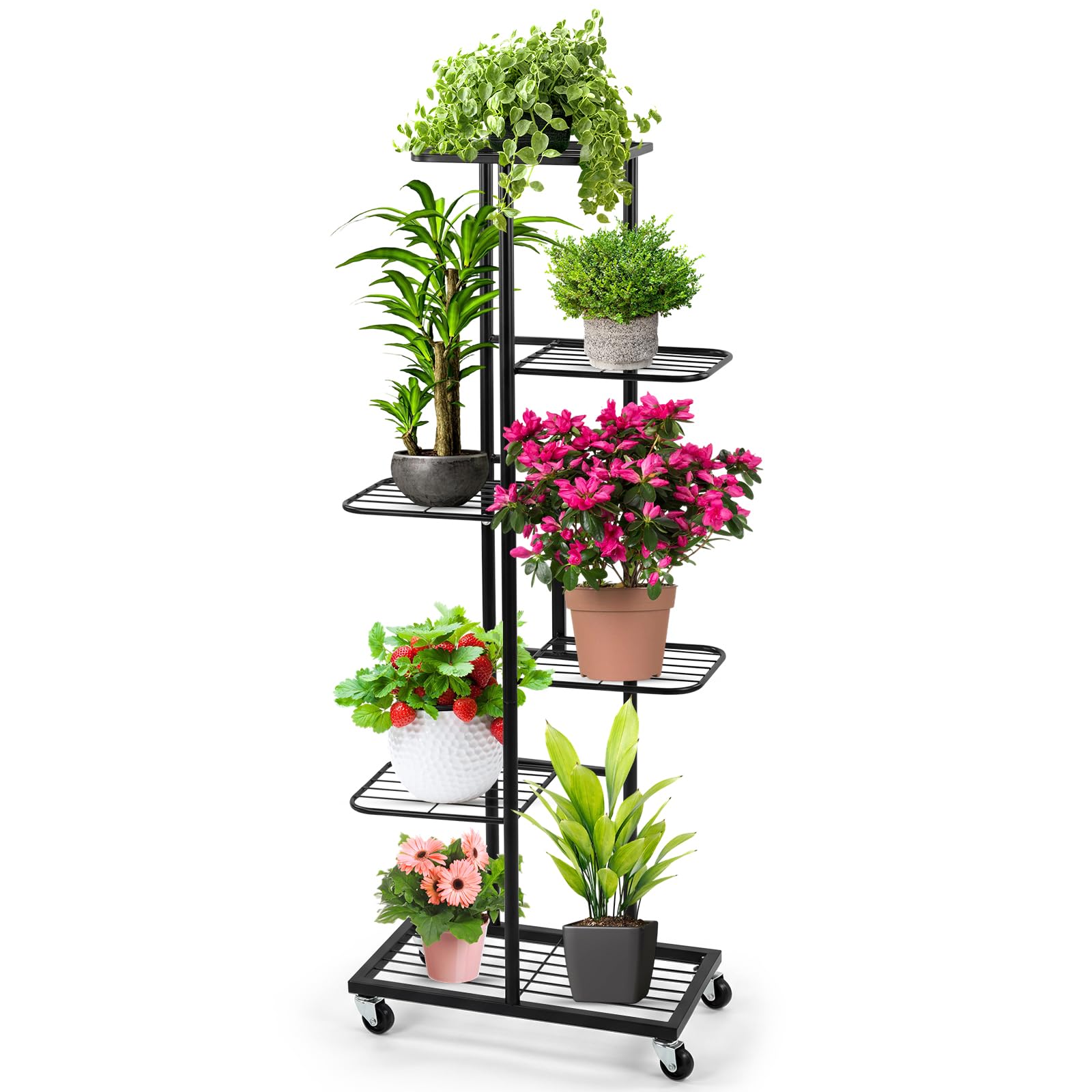 Support pour Plantes 6 Étagères, Étagère en Métal avec Roues, 108 cm de Hauteur, pour Intérieur et Extérieur, Noir