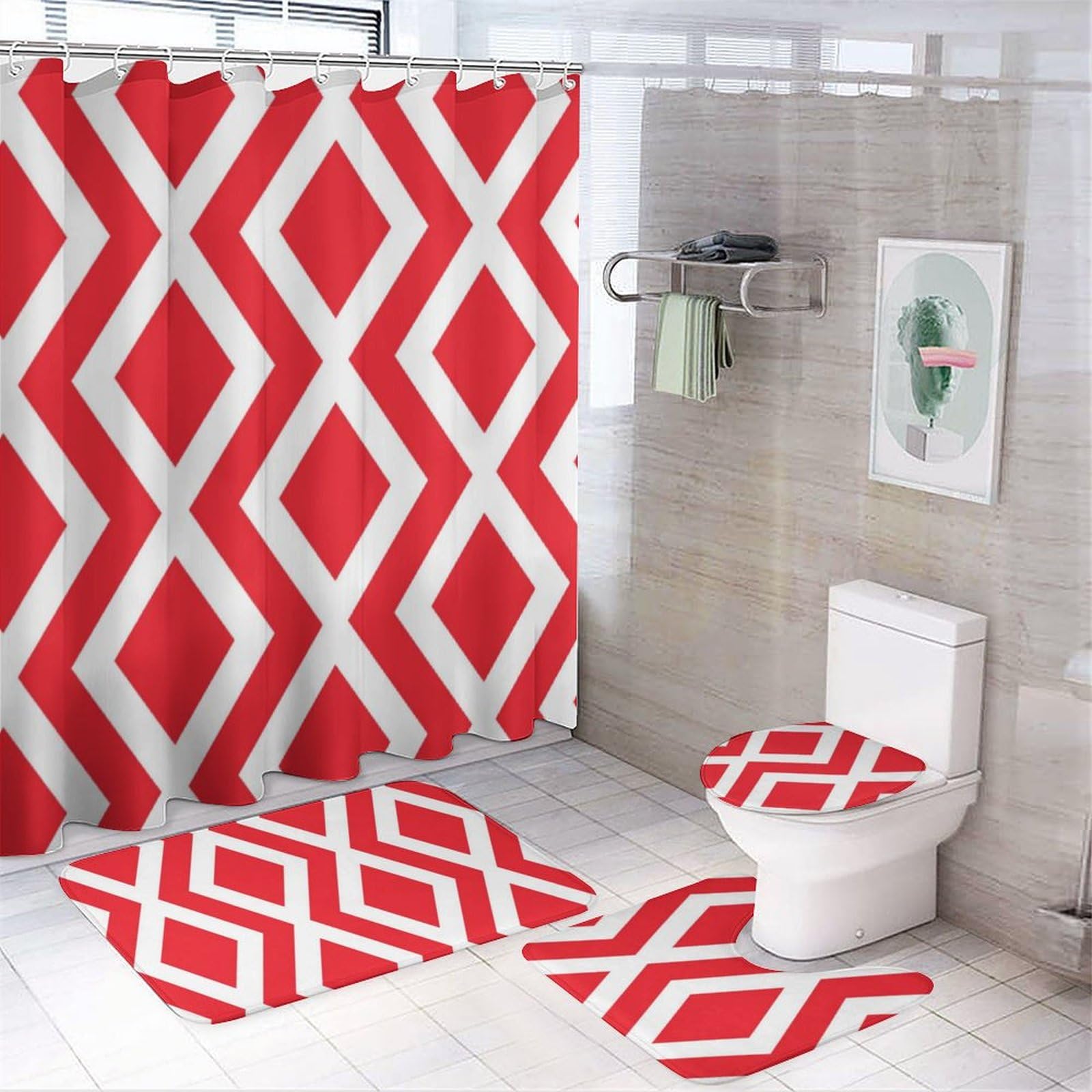 Juego De Cortinas De Ducha De 4 Piezas, Color Morado Y Rojo Lindo, image size:1600x1600