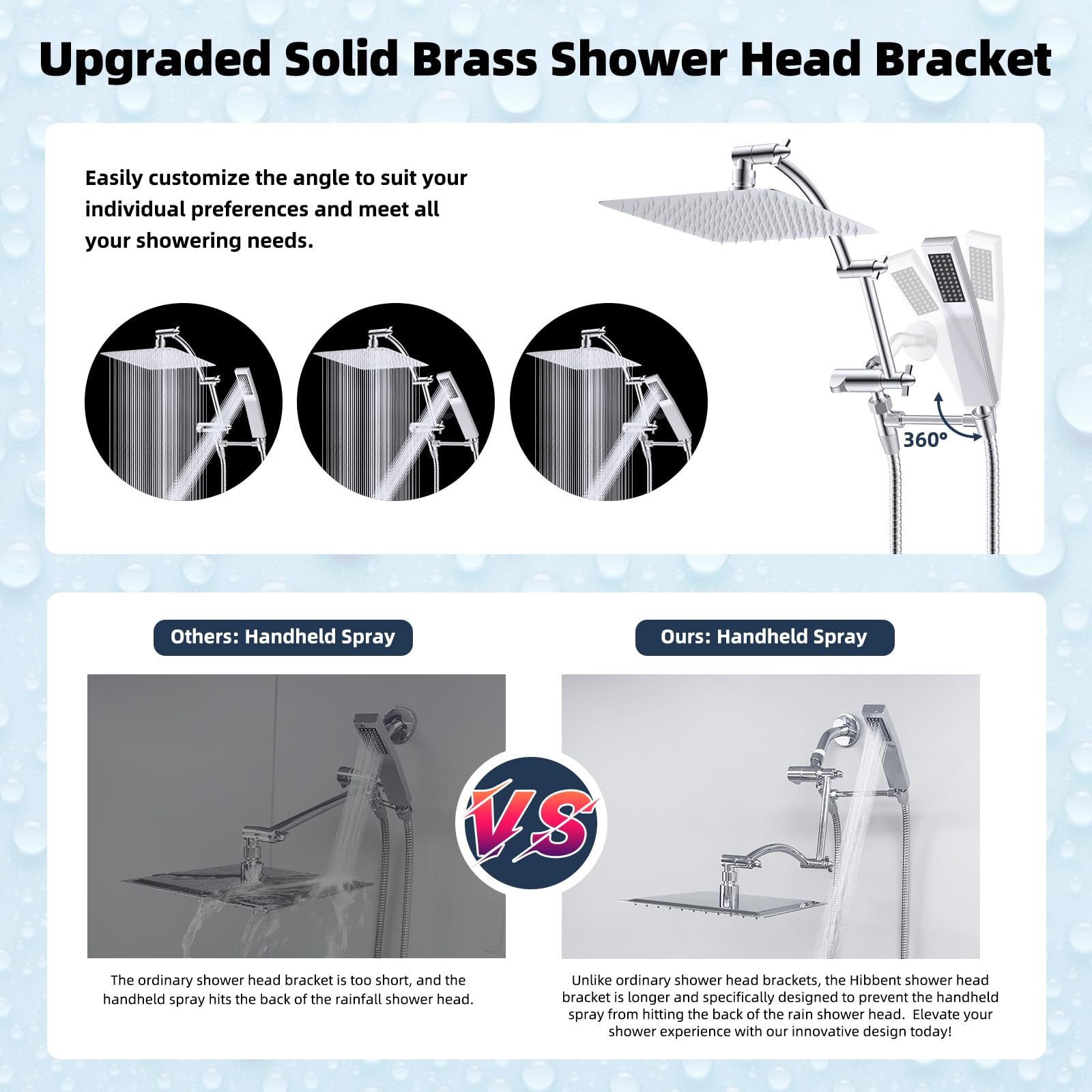 Hibbent All Metal 10'' Rainfall Shower Head, Dual Shower Head Combo, High Pressure Handheld Shower Wand, 16'' Adjustable Arc-shaped Shower Extension Arm, 71'' Hose, Showerhead Holder, Chrome