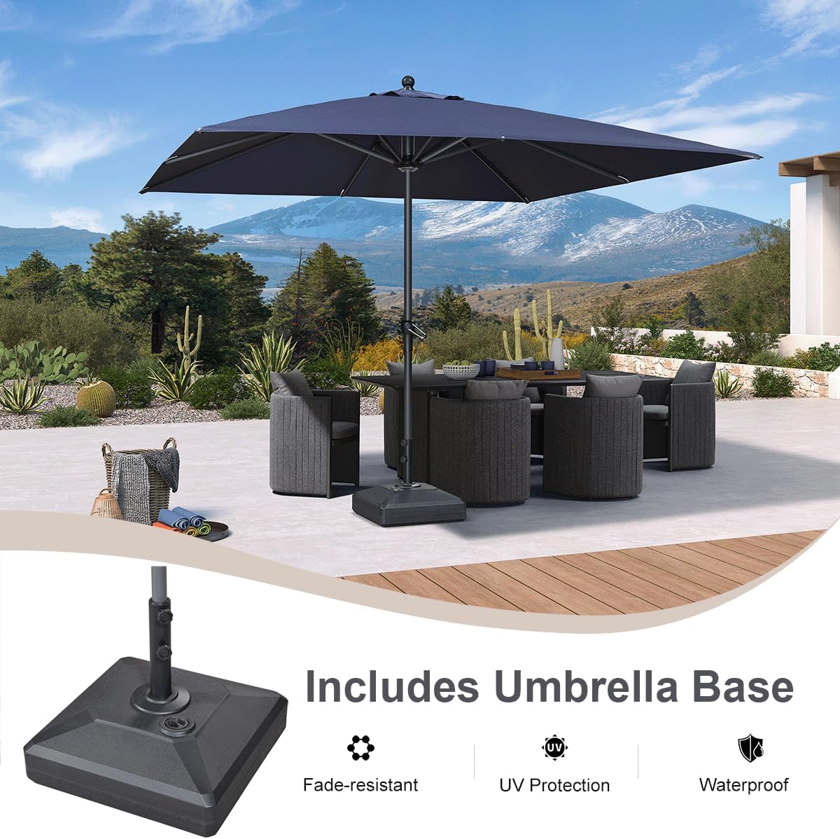 PURPLE LEAF 10' x 10' Square Patio Market Umbrella with Base Outdoor Table Umbrellas Aluminum Frame Sun Shade with 8 Sturdy Ribs for Garden Deck Lawn Pool Navy Blue