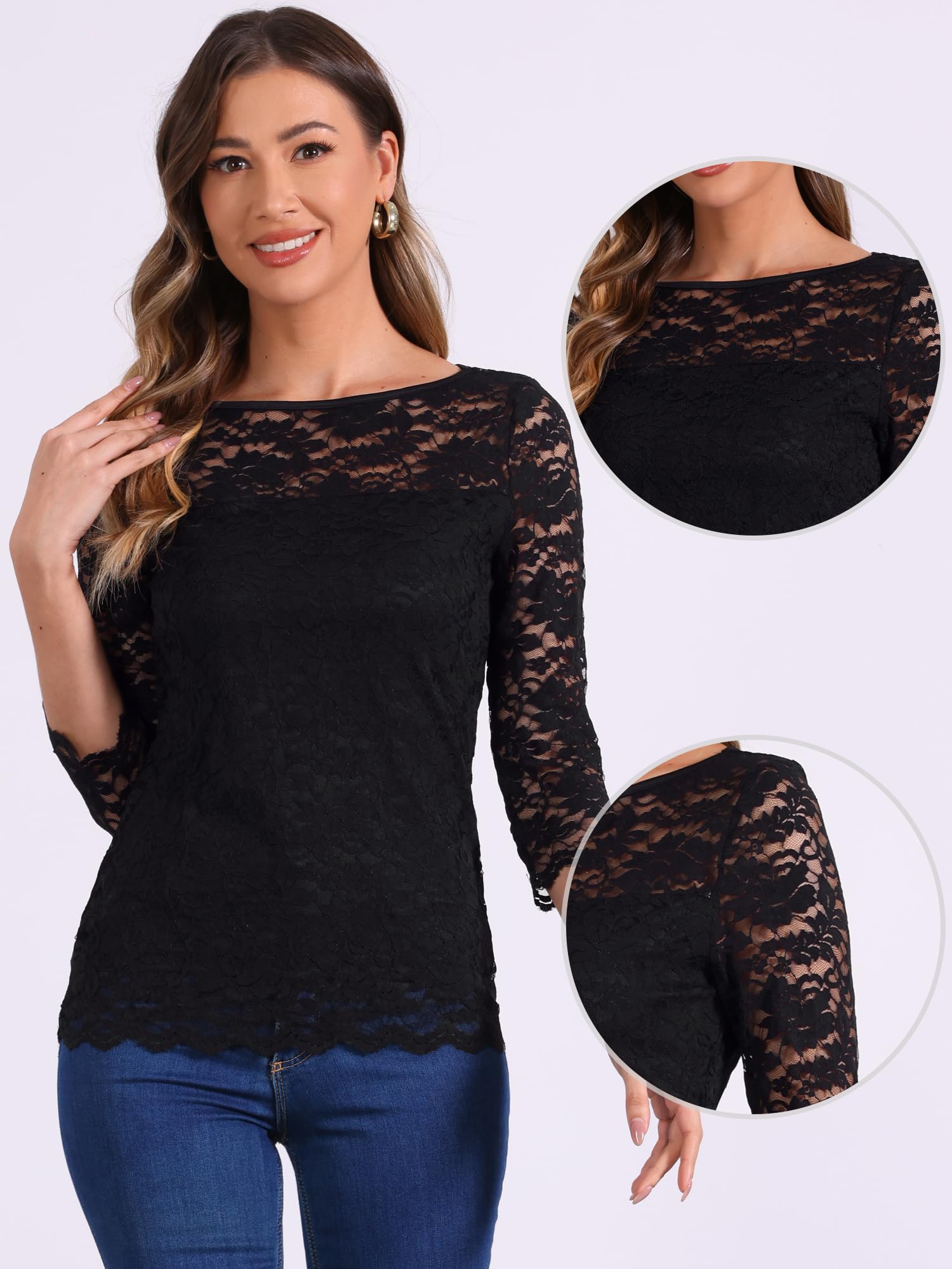 Allegra K Haut en dentelle florale pour femme, manches 3/4, col rond, décontracté, élégant, en dentelle, noir, Taille XL