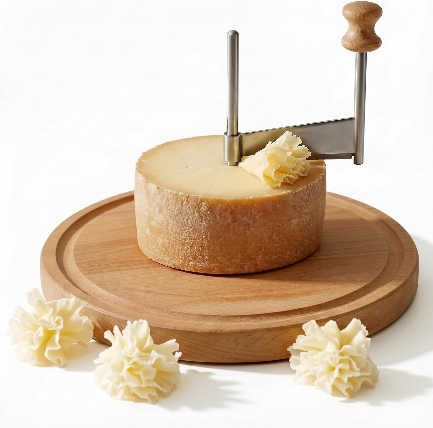Cheese Curler Wheel with Stainless Steel Blade & Wood Base – Creates Cheese Curls from a Cheese Wheel, Also Suitable for Chocolate and Butter, for Home Kitchens, Dinner Parties