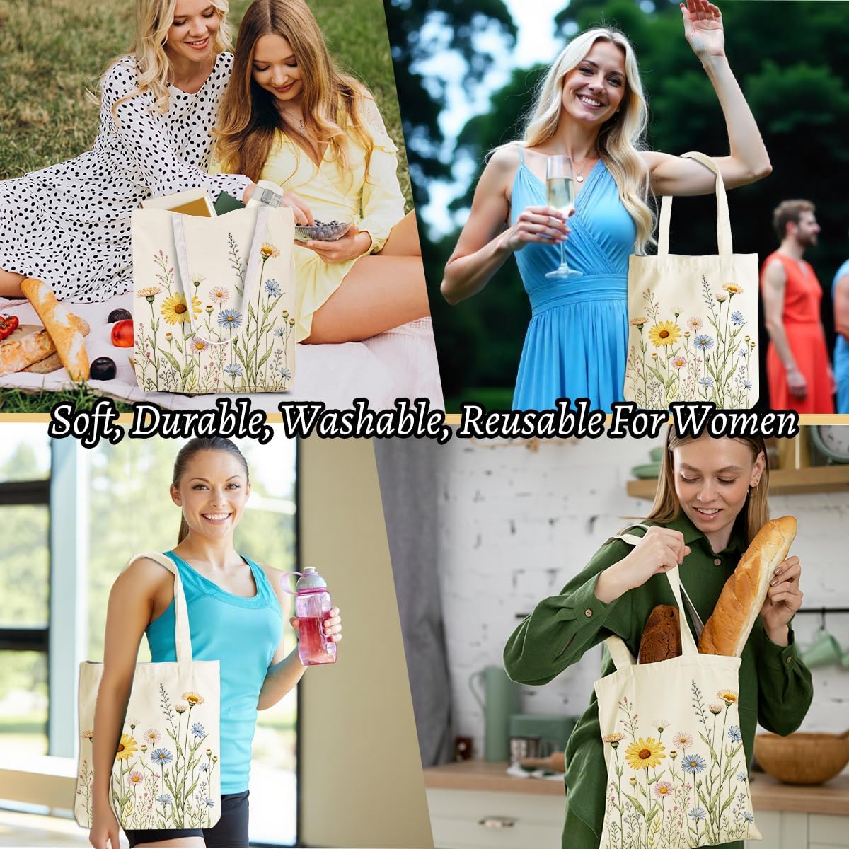 Aesthetic Flower Canvas Tote Bag Makeup Bag, Cosmetic Bags for Women Girls Sister Friend Plant Lovers Reusable Grocery Bags with Inner Pocket for Shopping Gym Christmas Birthtday Thank You Gifts - Image 6