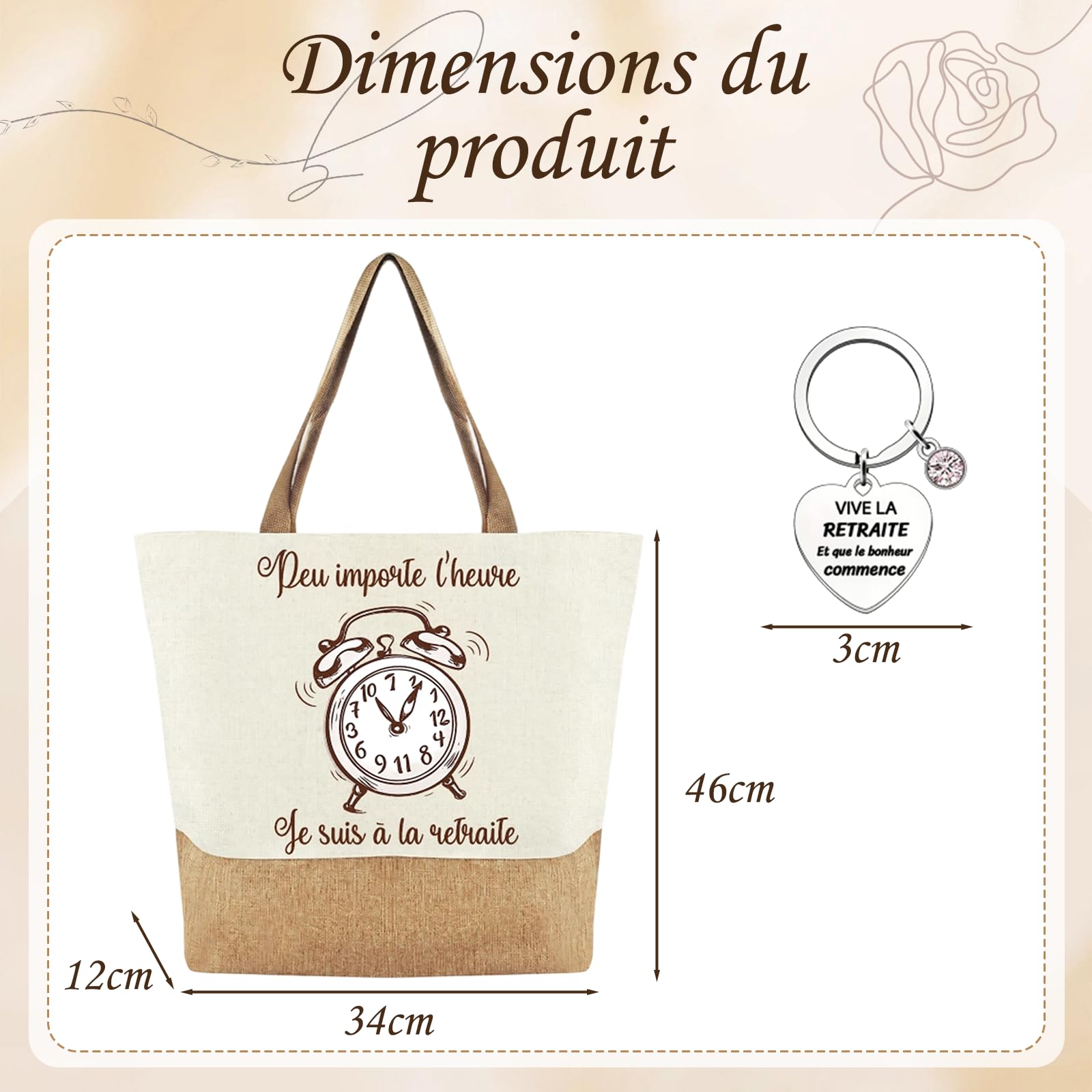Sac Cabas Toile Robuste Porte-Clés Cadeau Retraite Femme
