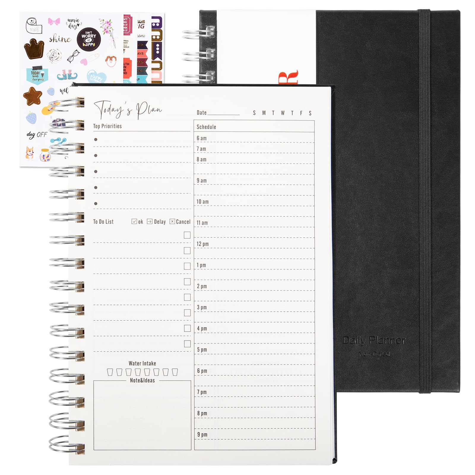 Leather Daily Planner Undated, To Do List Laptop Hourly Schedule Spiral Appointment Plan, Elastic closure, Inner Pocket 8.3 inches x 5.7 Inches (A5-Black)