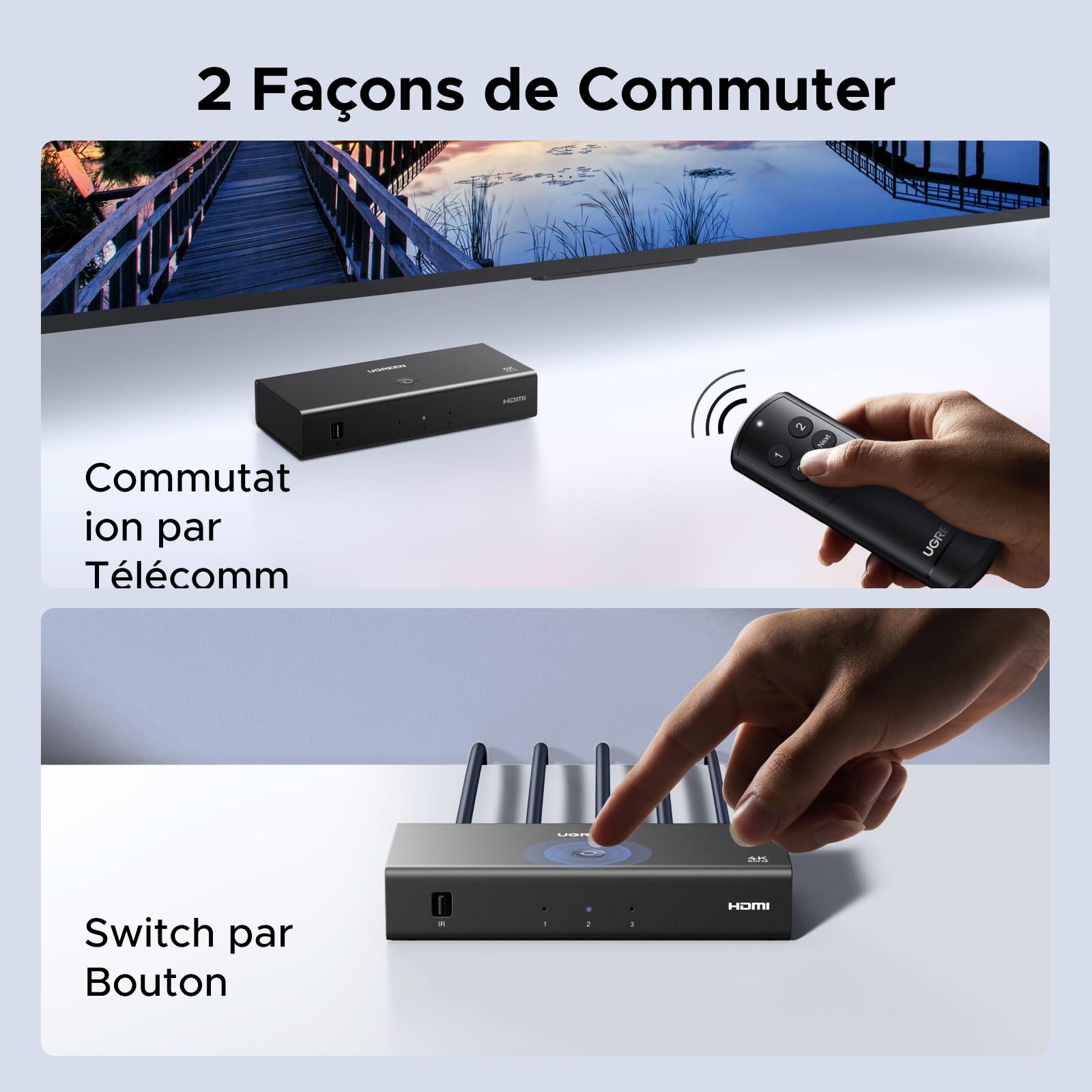 UGREEN Commutateur HDMI 2.0 4K 60Hz 3 Entrées 1 Sortie HDR10 Dolby Vision Télécommande