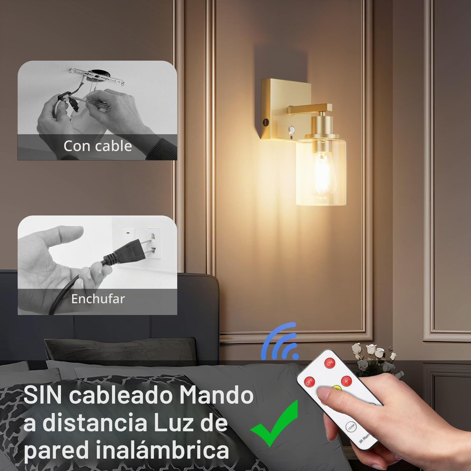 Klighten 6000mAh Lámpara de pared a pilas,2PCS Lámpara de pared LED con mando a distancia y control táctil,Aplique de batería,Aplique de Pared interior Con bombilla 3000K blanco cálido(Oro)