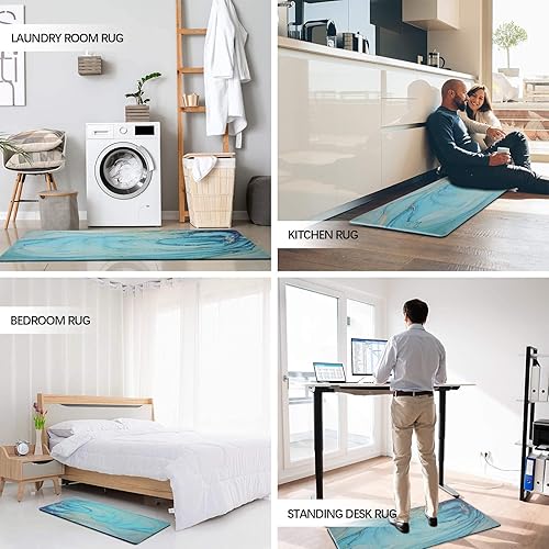 Miniatura 7 de MAYHMYO Juego de 2 alfombras y tapetes de cocina con diseño de mármol verde azulado, dorado, antifatiga, de PVC, antideslizante, de espuma turquesa,