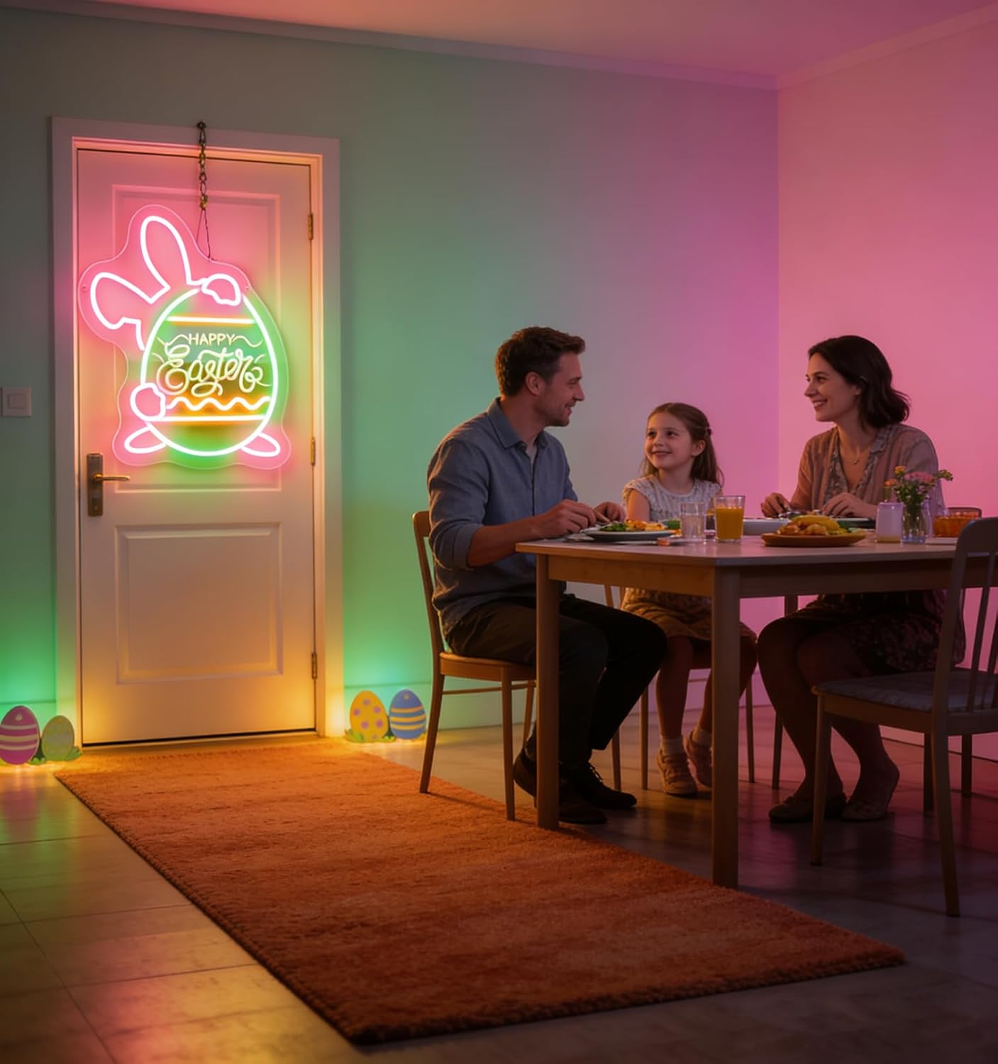 Easter Bunny Egg Neon Signs for Wall Decorations, LED Happy Easter Rabbit Gifts Light Sign Wall Art USB Dimmable, Colorful Neon Window Lights for Bedroom Door Office Bar Spring Party Church Yard