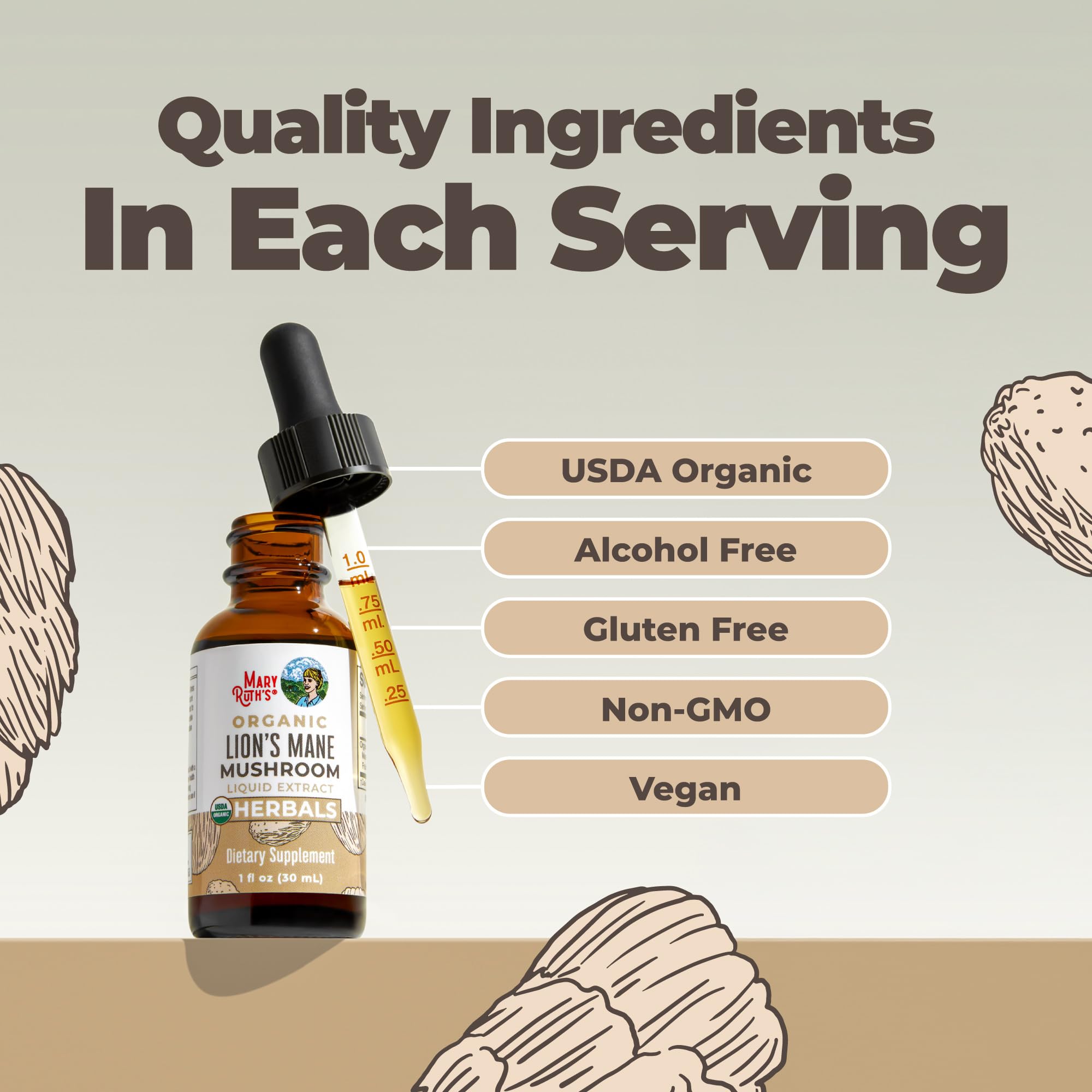 MARYRUTH'S Lions Mane Mushroom Supplement Liquid Drops 1 Fl Oz, Non-GMO — Amazon image 5
