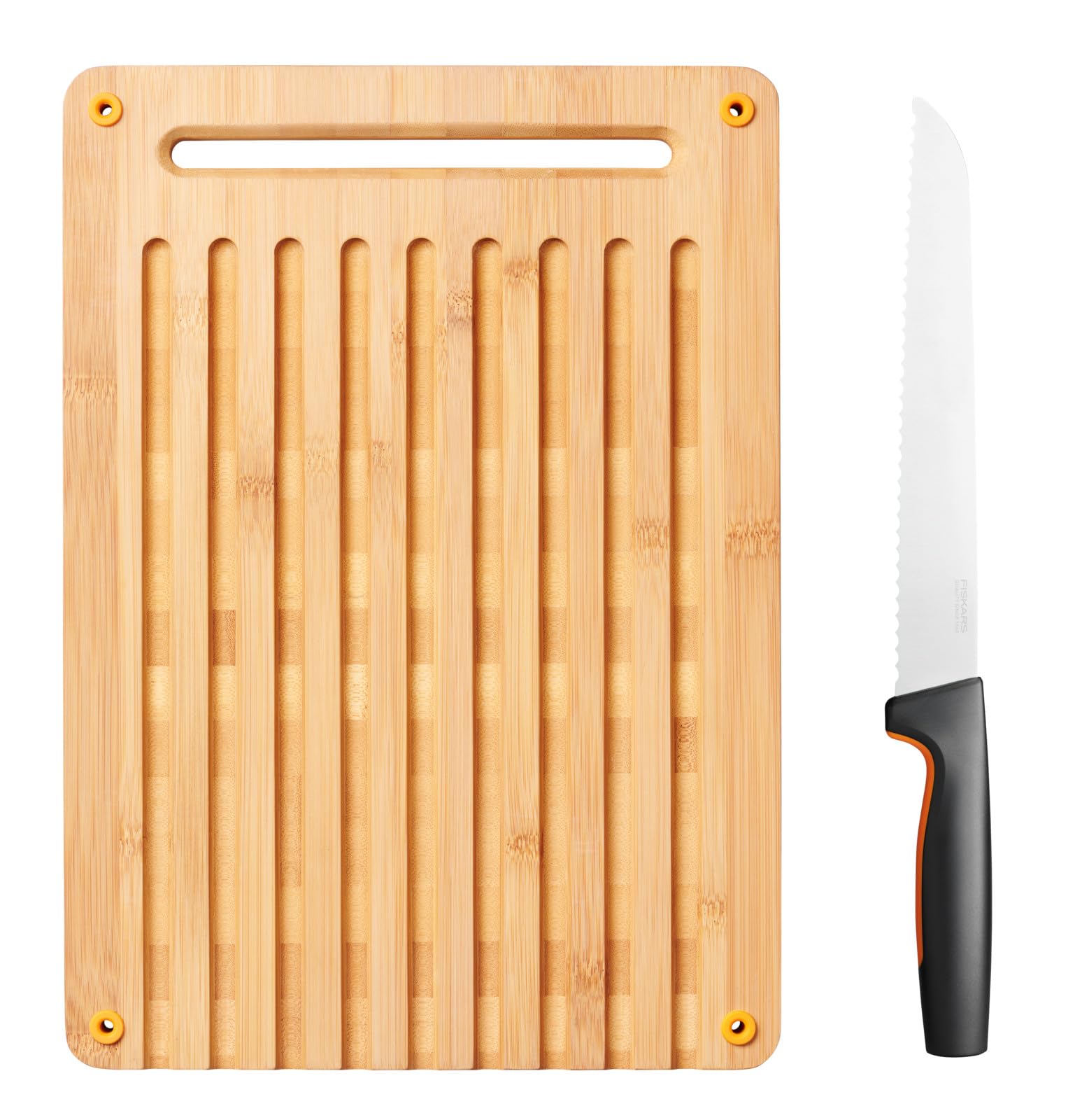 Fiskars Planche à Découper en Bambou et Couteau à Pain, Functional Form, Bambou/Acier Inoxydable Japonais/Plastique, 1057551