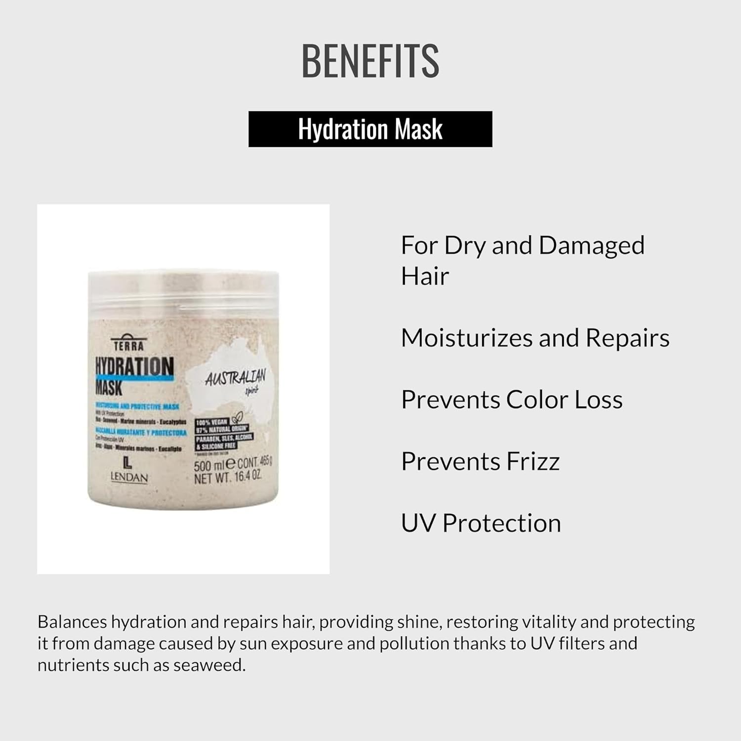 Lendan - Hydrating Hair Mask - Terra Hydration Mask - 500 ml - for Dry and Damaged Hair - Hydrates and Repairs - Prevents Color Loss - Anti-Frizz